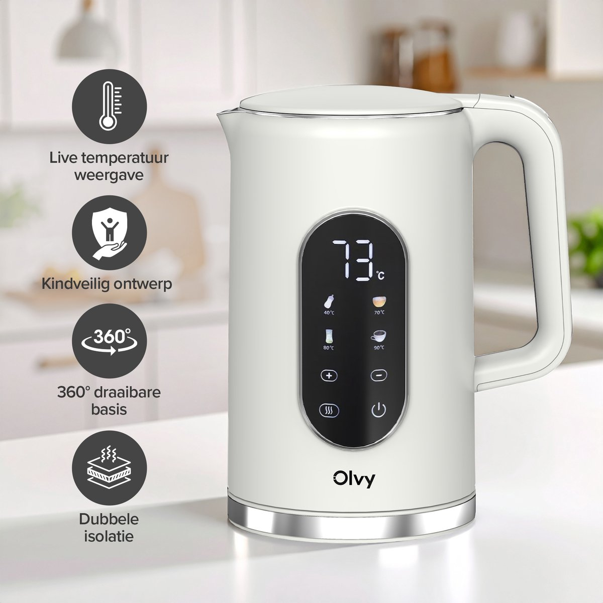 A white electric kettle with a digital temperature display showing 73°C and control buttons.
