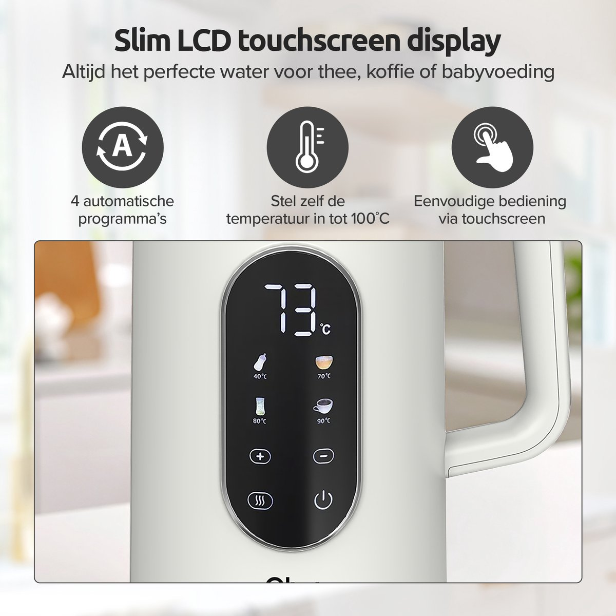 White kettle with LCD display showing 73°C. Icons show programs, temperature, touchscreen.