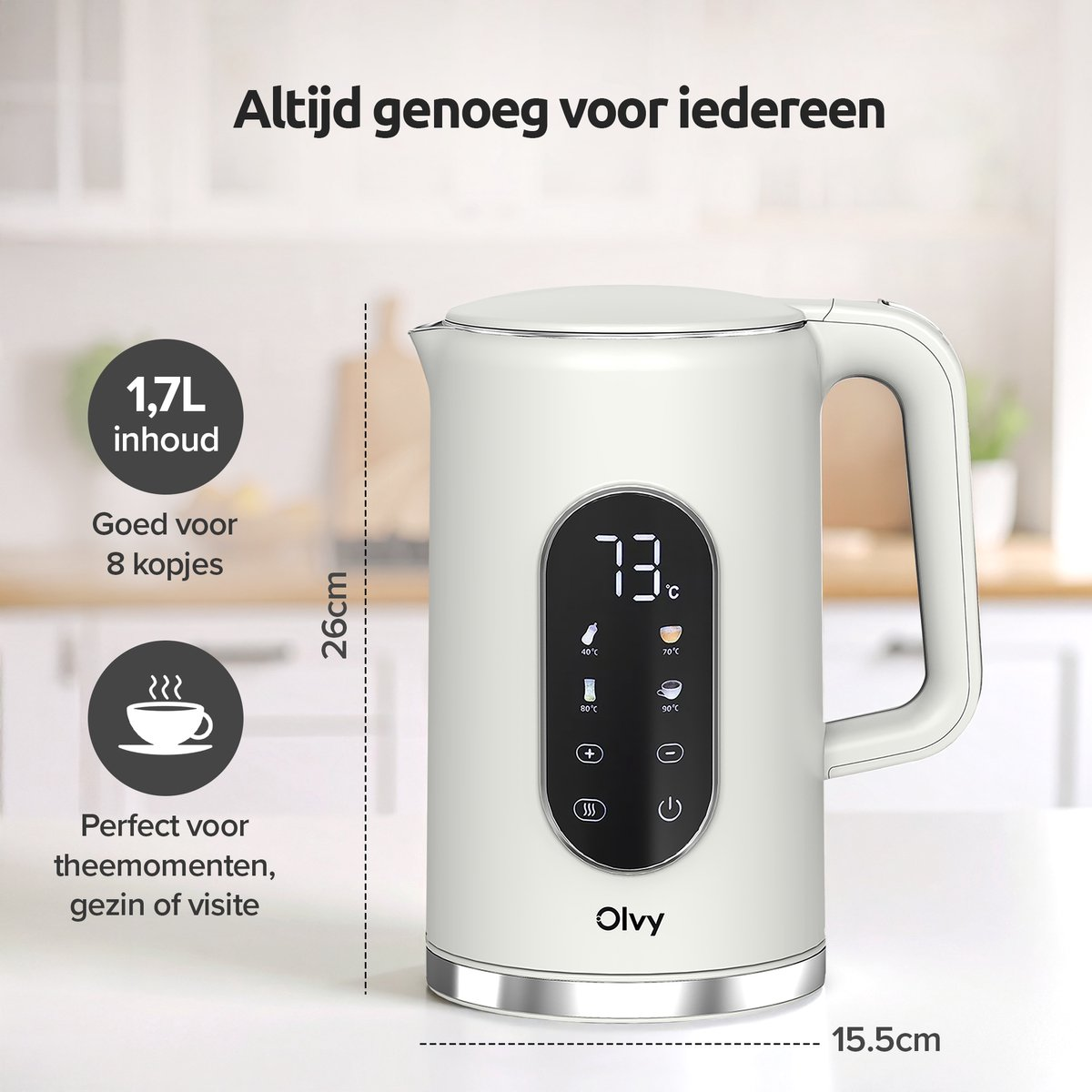 A white electric kettle with a digital display showing 73°C is on a table. Left text highlights capacity and use.