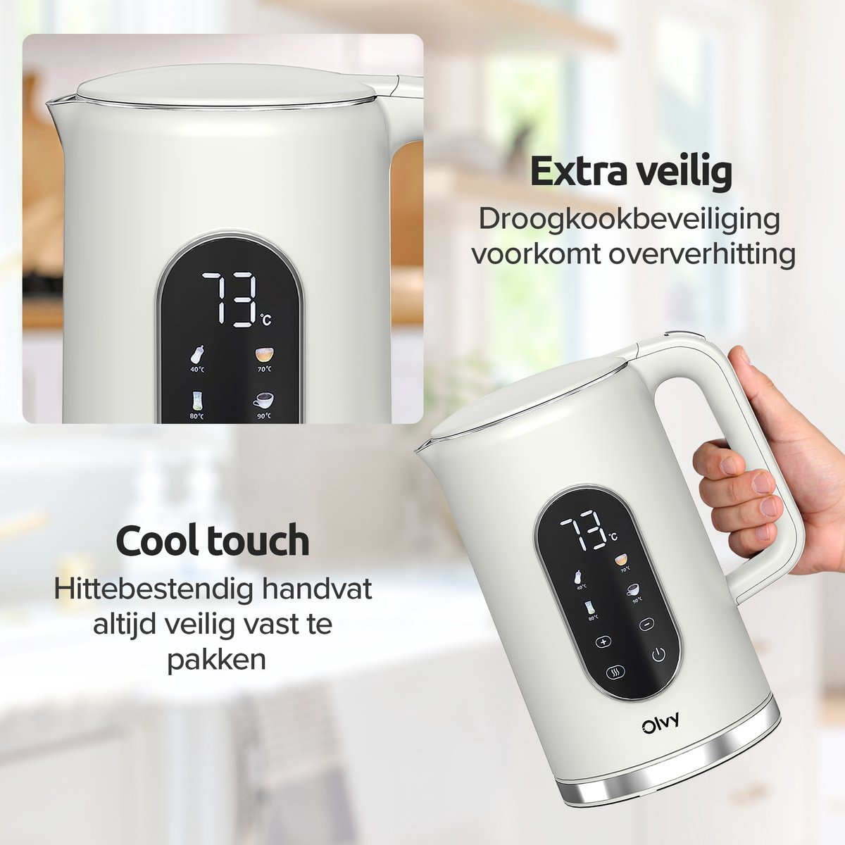 White kettle with display showing 73°C, a hand holds it.