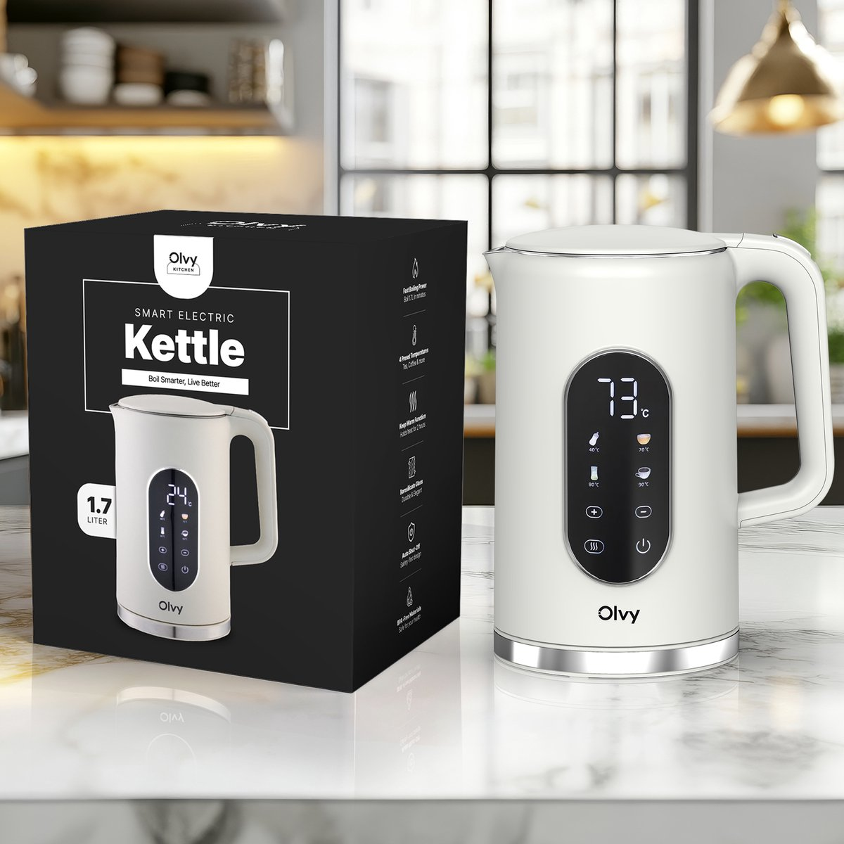 A white smart kettle with a digital display sits next to its black packaging.