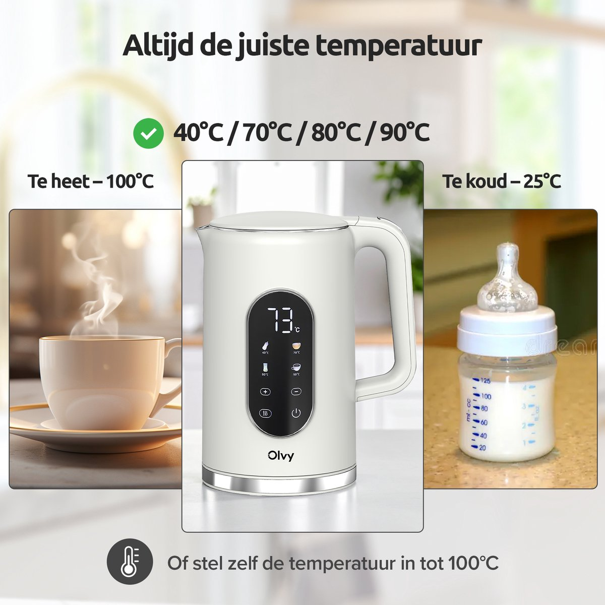A white kettle shows 73°C, next to a steaming cup and a baby bottle.