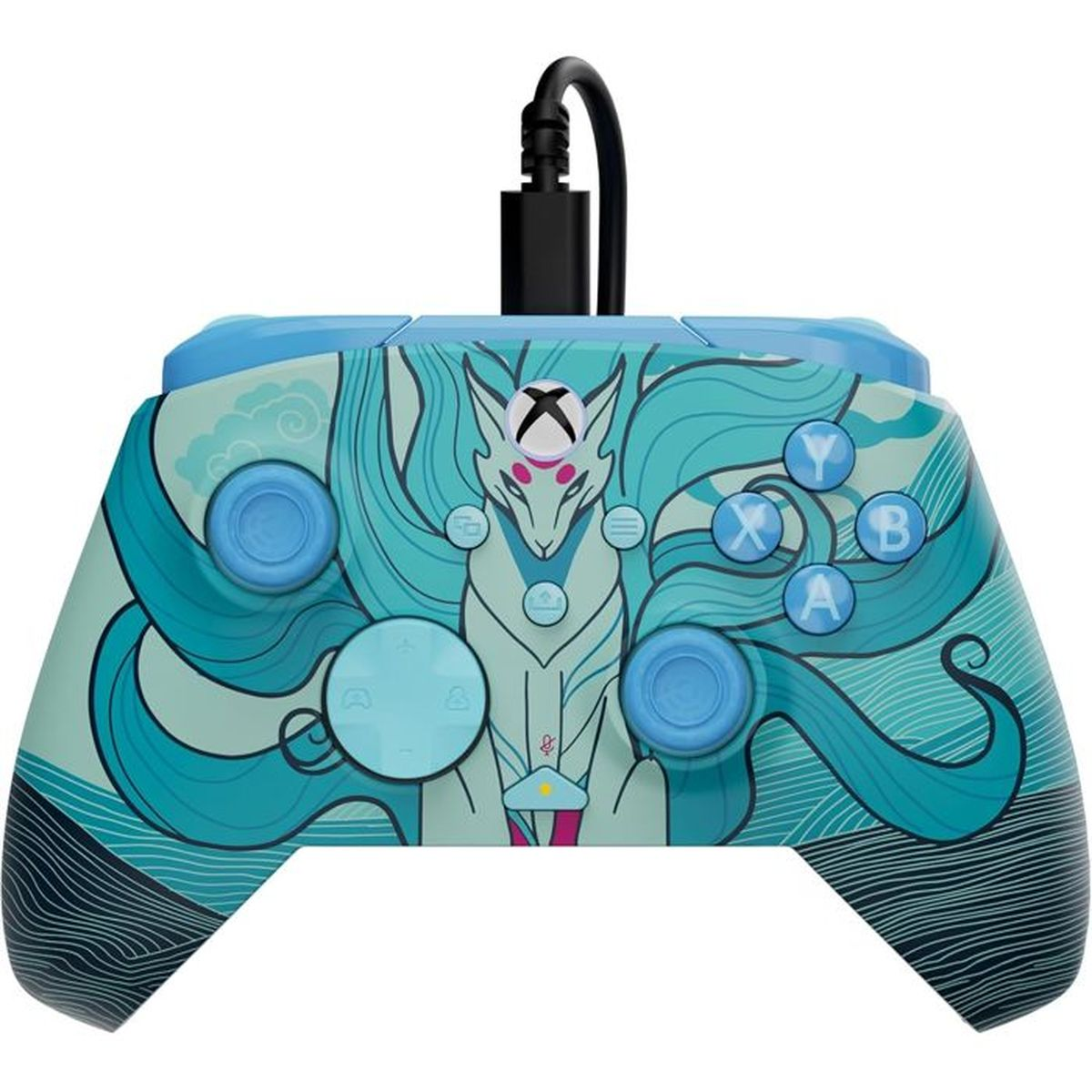 Ein blauer Xbox-Controller mit einem stilisierten Fuchs-Design und türkisfarbenen Wellen.