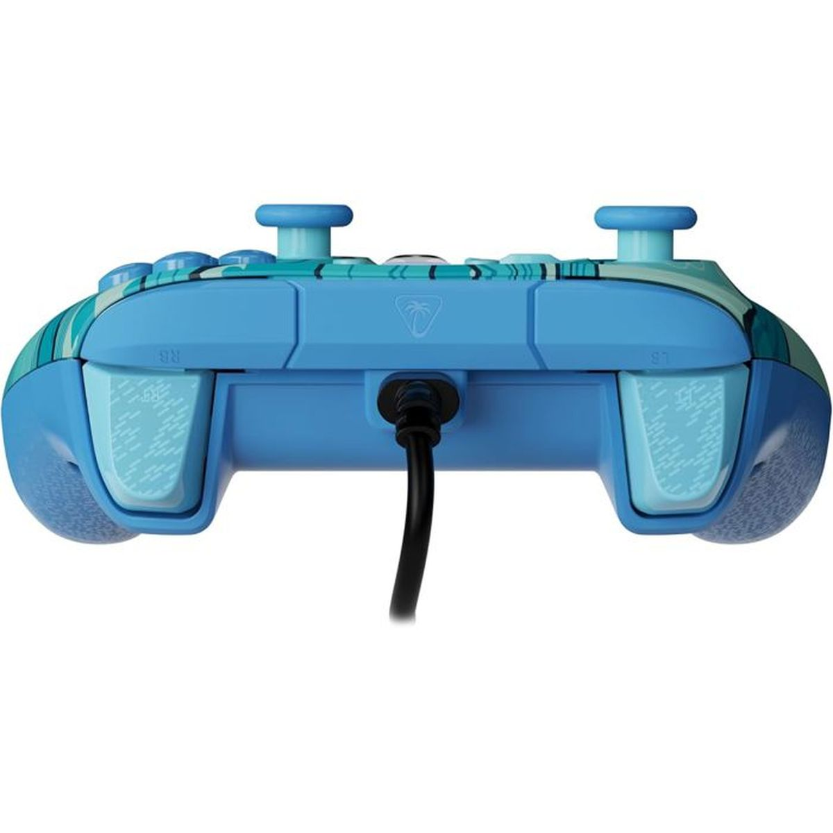 Ein blauer Videospiel-Controller mit Wellenmuster und schwarzem Kabel.