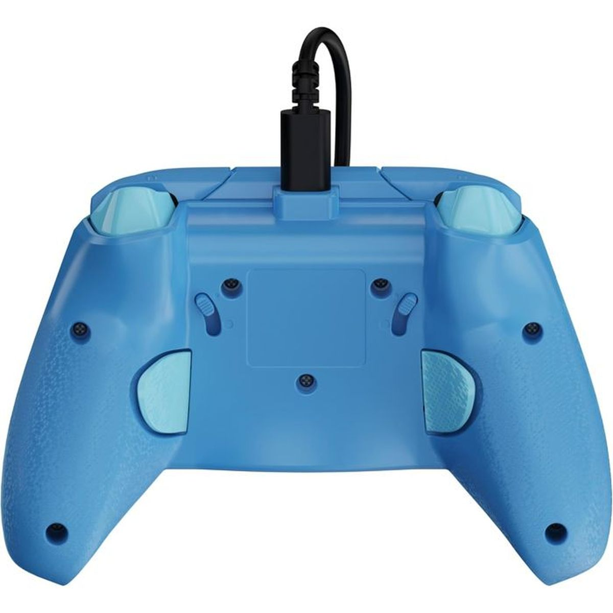 Blauer Gamecontroller mit schwarzem Kabelanschluss von oben.