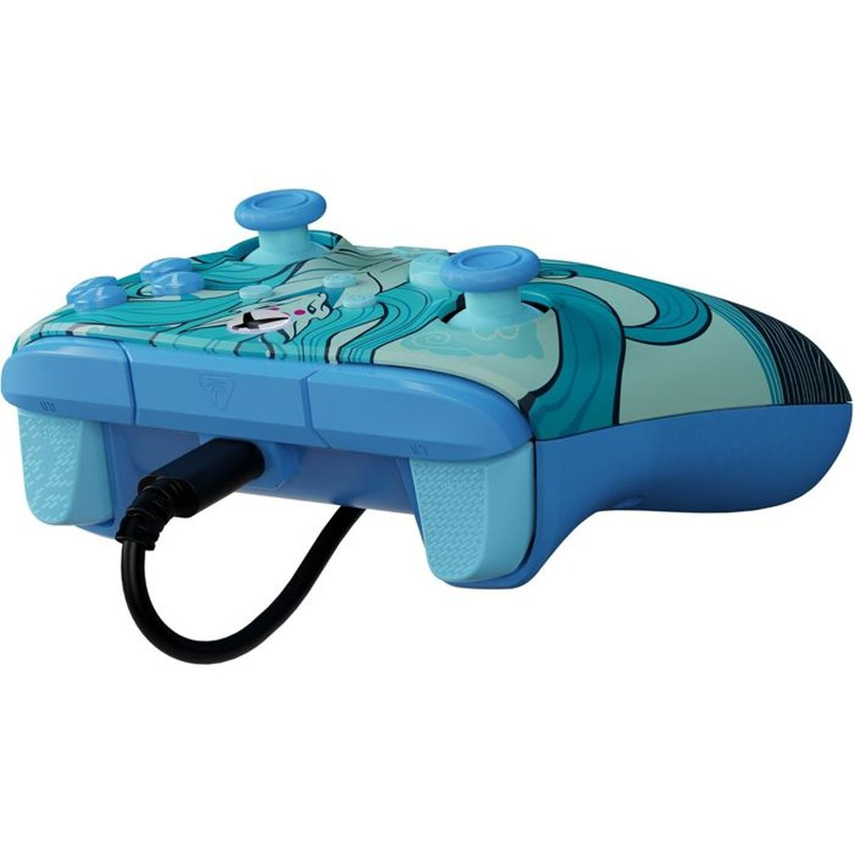 Ein blauer Gaming-Controller mit einem Wellenmuster in Türkis und Weiß.