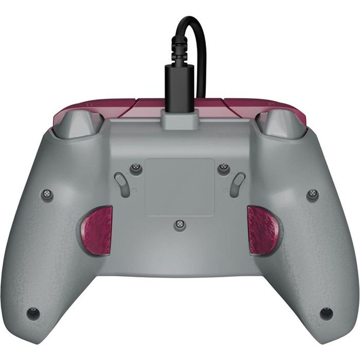 Rückseite eines grauen Controllers mit burgunderroten Akzenten und schwarzem Kabel.