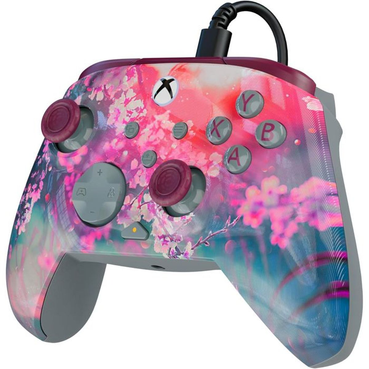 Ein Xbox-Controller mit Kirschblütenmuster in Pink und Blau.