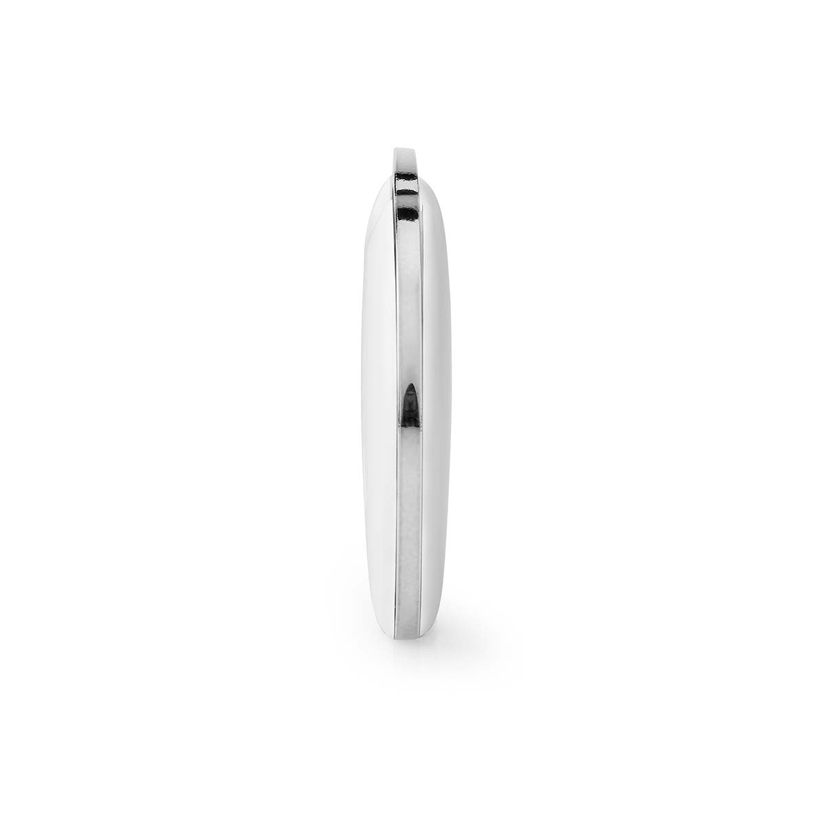 A white oval object with silver accents on a white background.