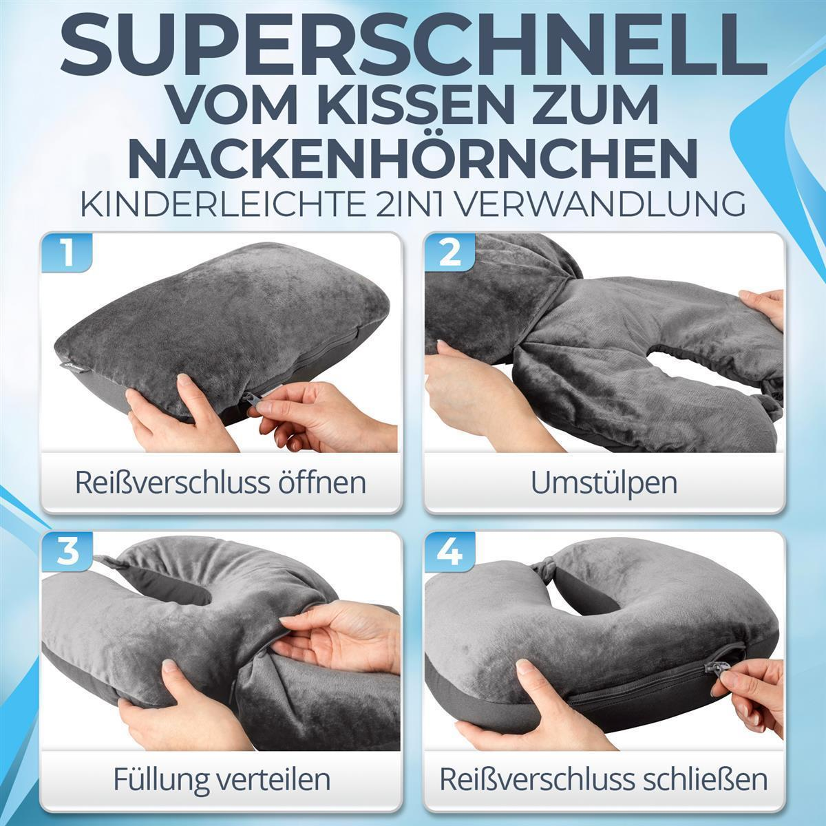 Vier Schritte zur Verwandlung eines Kissens in ein Nackenhörnchen.
