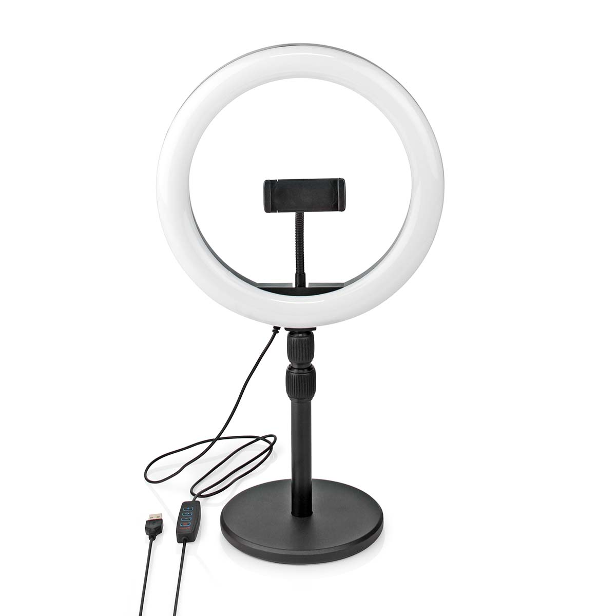 Un support de lumière annulaire noir avec support de smartphone et câble USB.