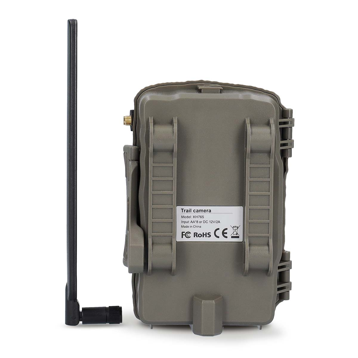 Graue Wildkamera mit Antenne, Modell KH765, auf weißem Hintergrund.