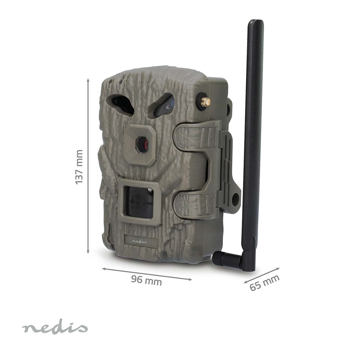Graue Wildkamera mit Antenne, Maße 137x96x65 mm.
