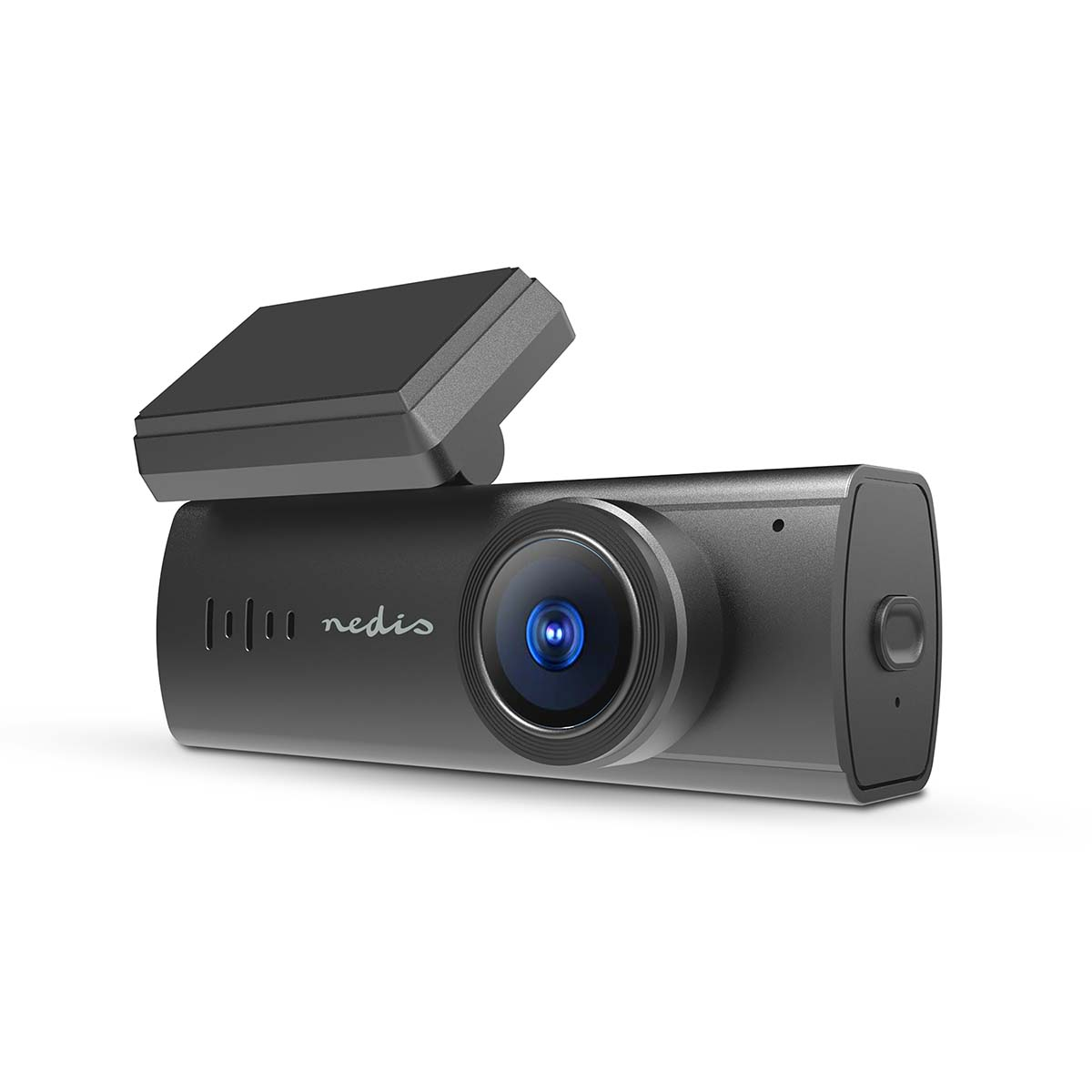 Donkergrijze dashcam met blauwe lens en open LCD-scherm.