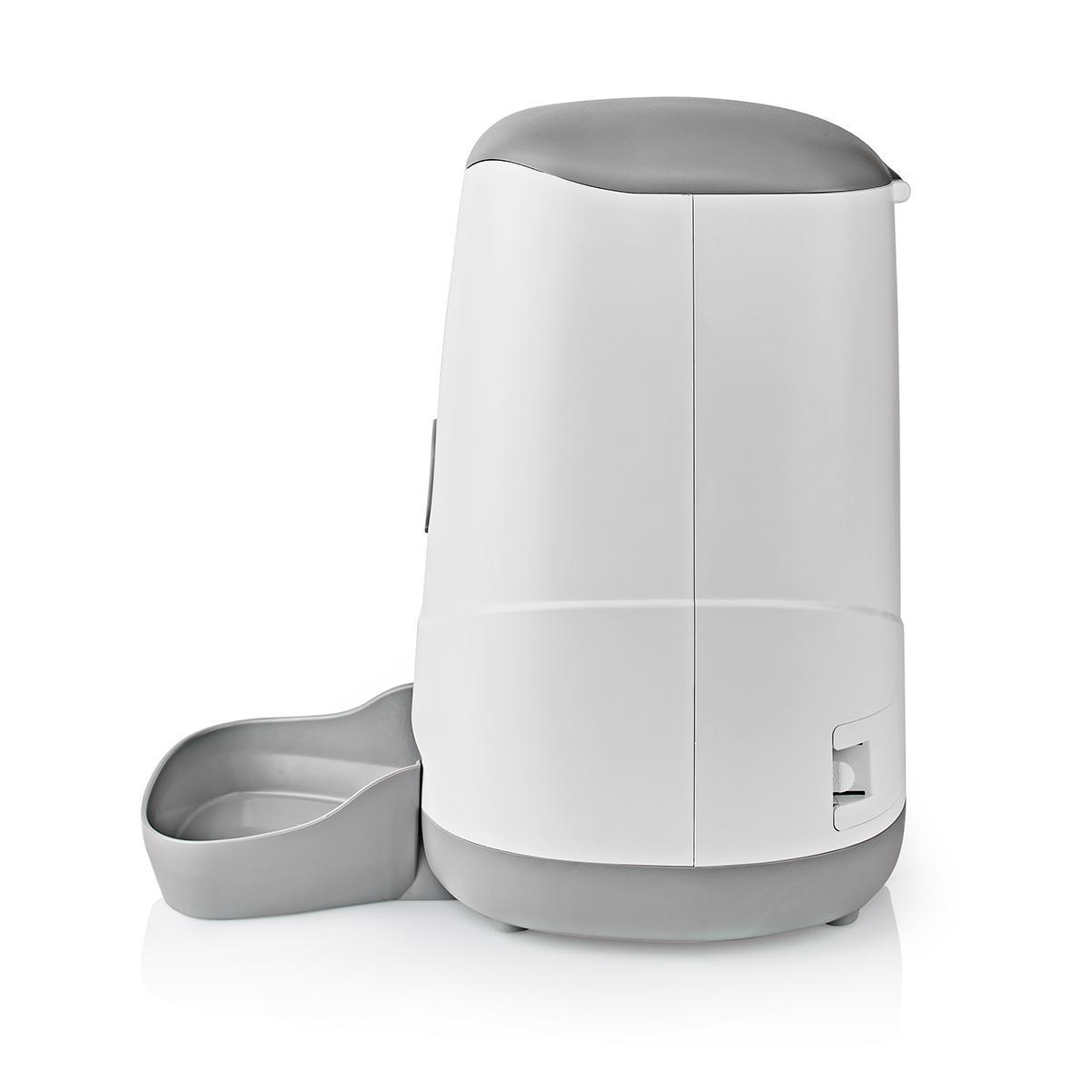 A white and gray automatic pet feeder stands on a white background.