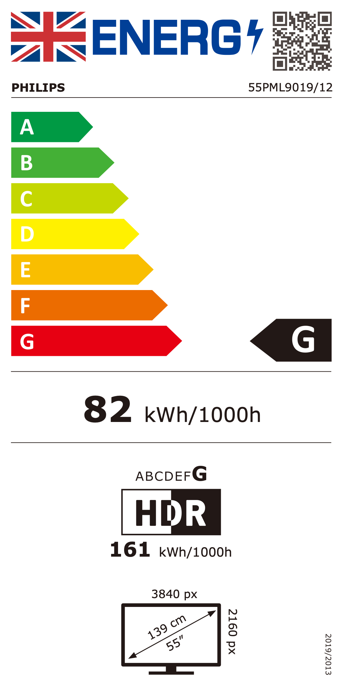 Etichetta energetica con logo Philips, scala A-G, 82 kWh/1000h, HDR, 161 kWh/1000h, 55 pollici.