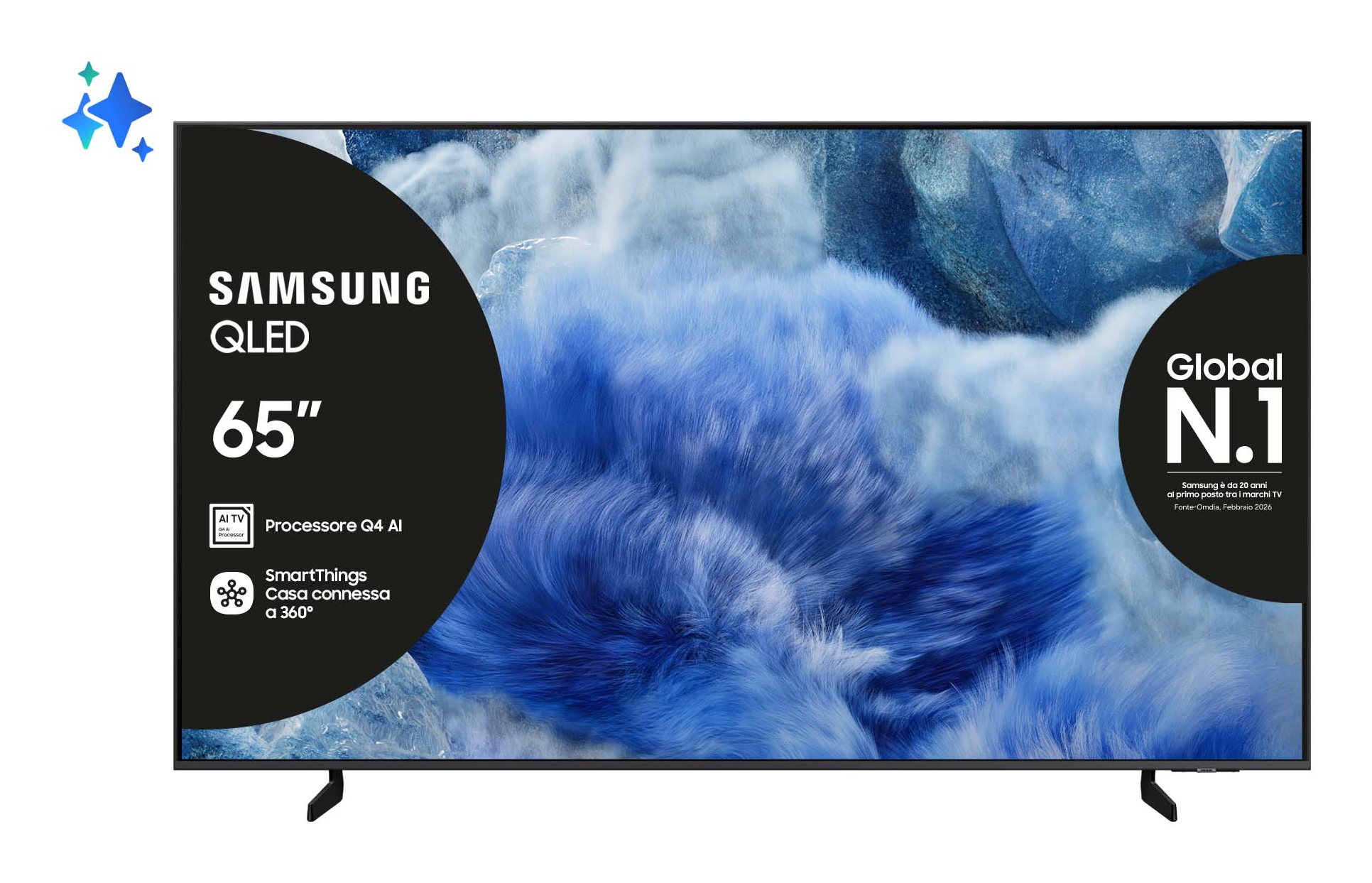 Un TV Samsung QLED da 65" con Processore AI e SmartThings.