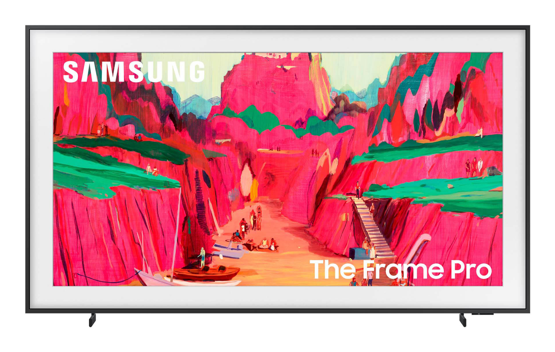 La TV Samsung mostra vivaci scogliere rosa, erba verde e una scena di spiaggia con persone e barche.