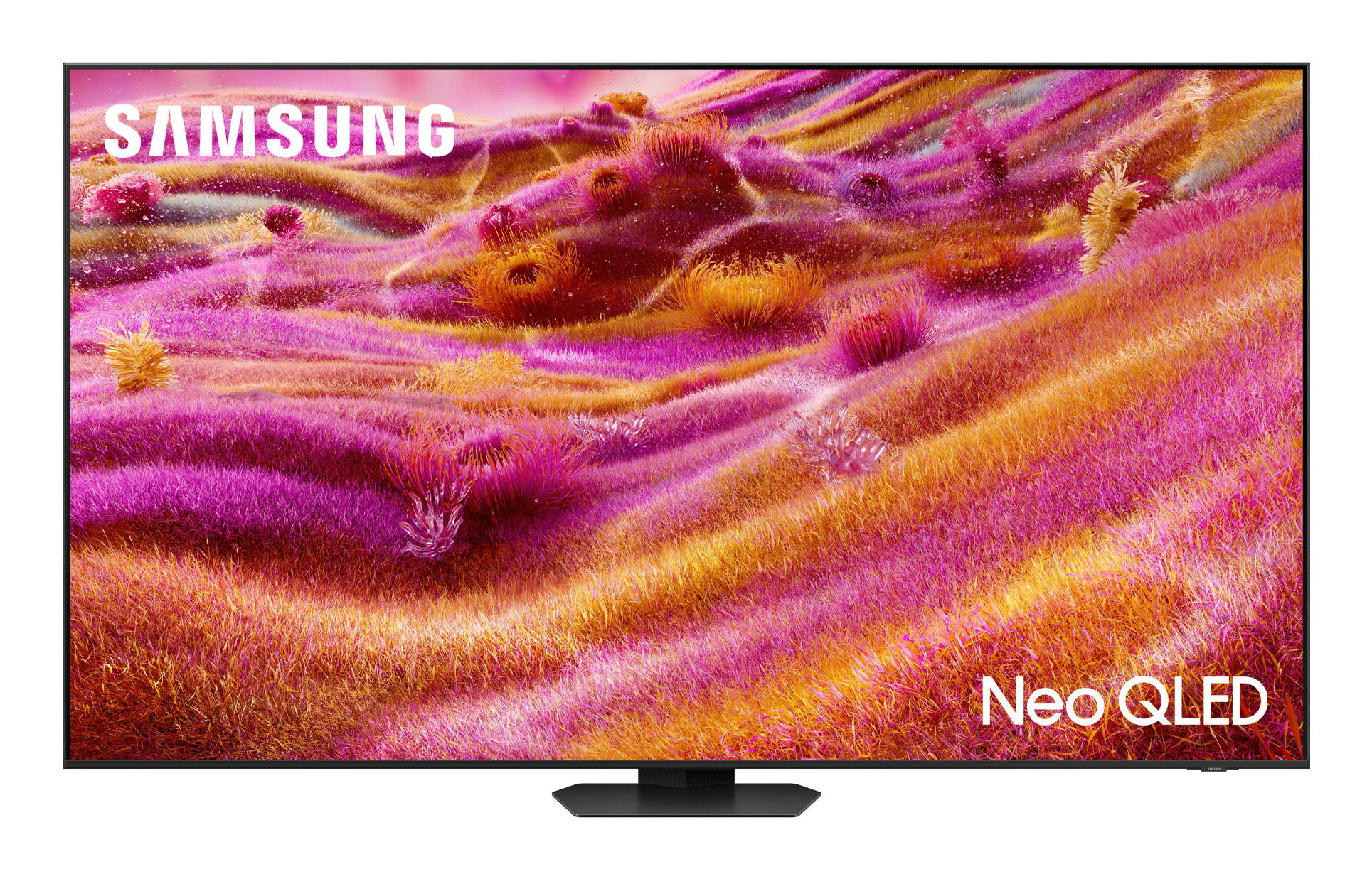 Un televisor Samsung Neo QLED muestra un paisaje colorido y cubierto de hierba.
