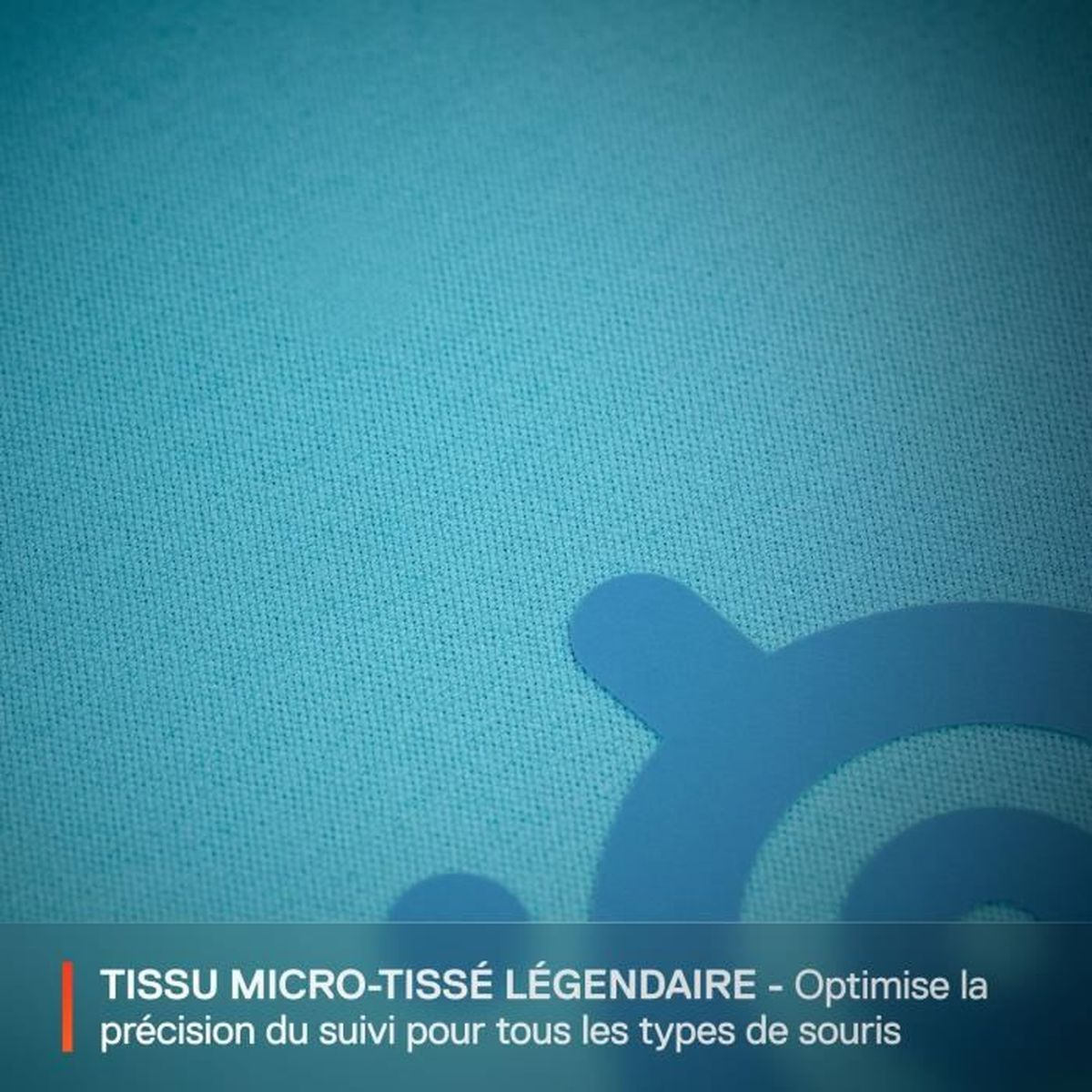 Tessuto in microfibra blu con motivo grafico blu. Testo in basso.