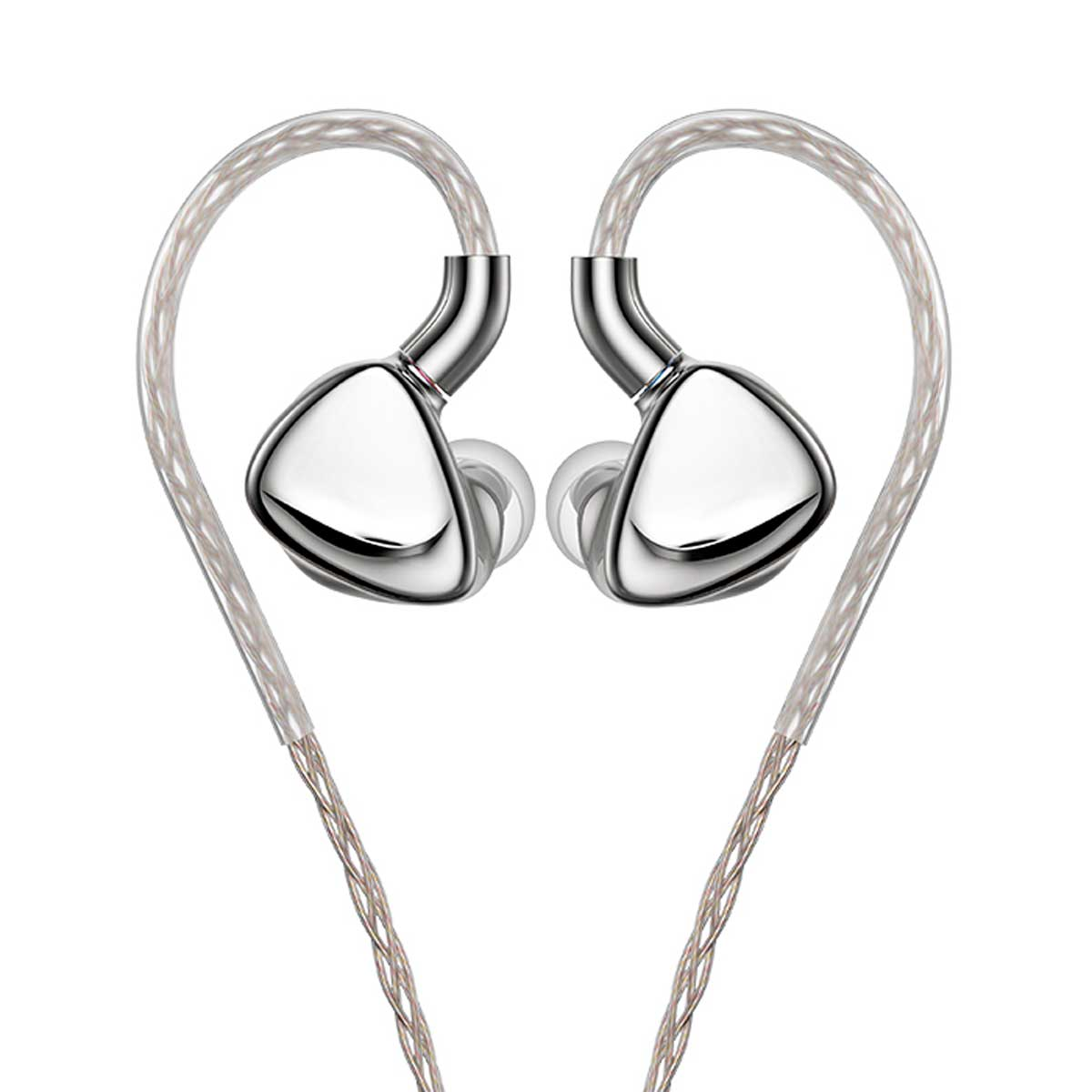 Par de auriculares plateados de monitor intrauditivo con cables trenzados transparentes.