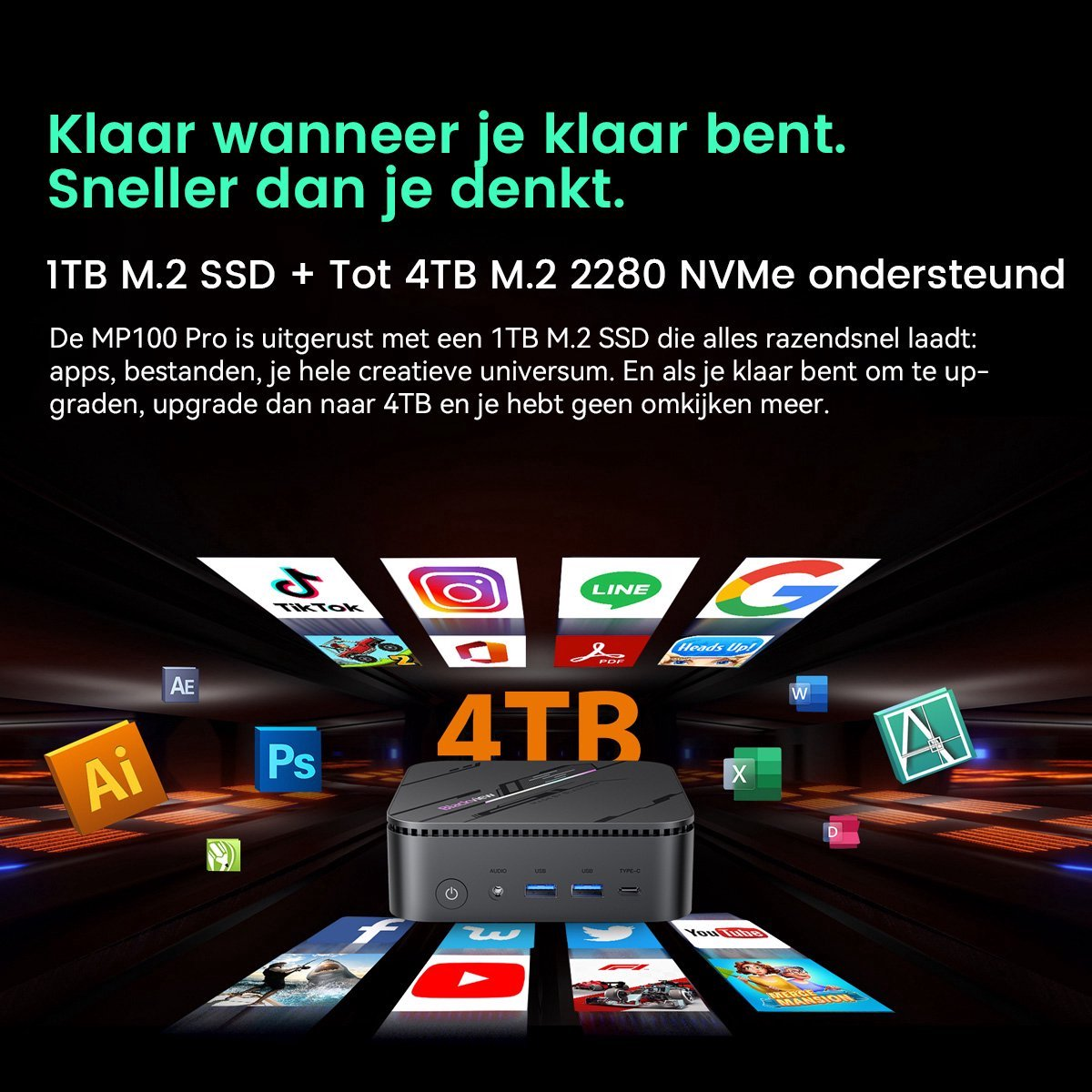 A black computer with various app icons and text about 4TB storage.