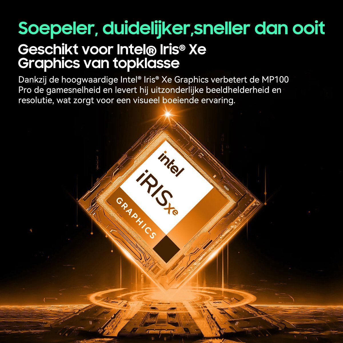 An Intel Iris Xe graphics chip with "GRAPHICS" text on a futuristic platform.