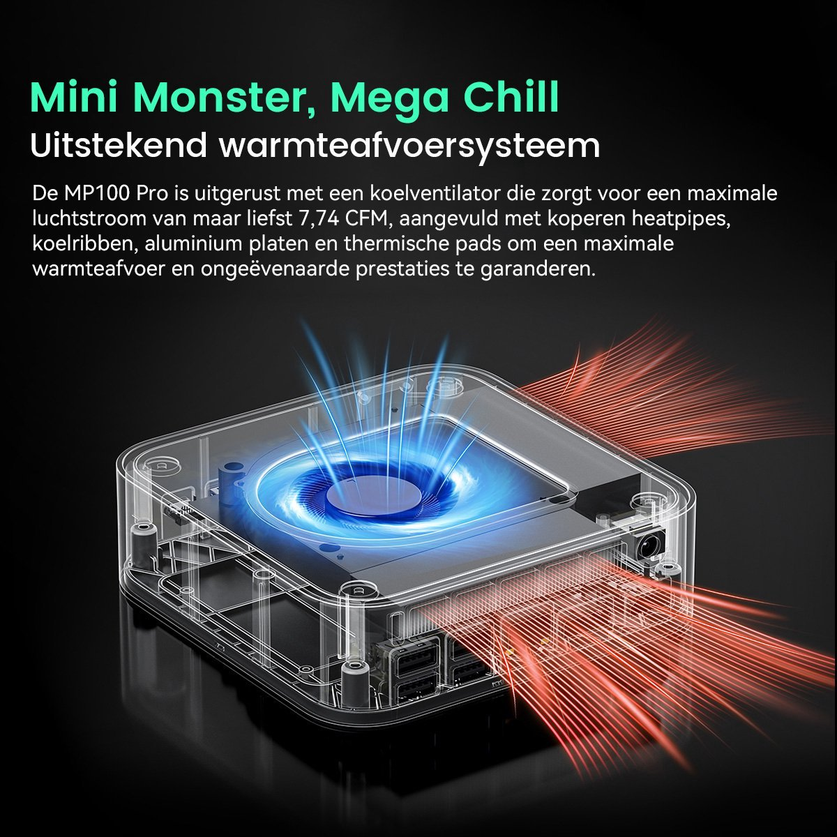 A transparent casing with a fan emitting blue air and red heat.