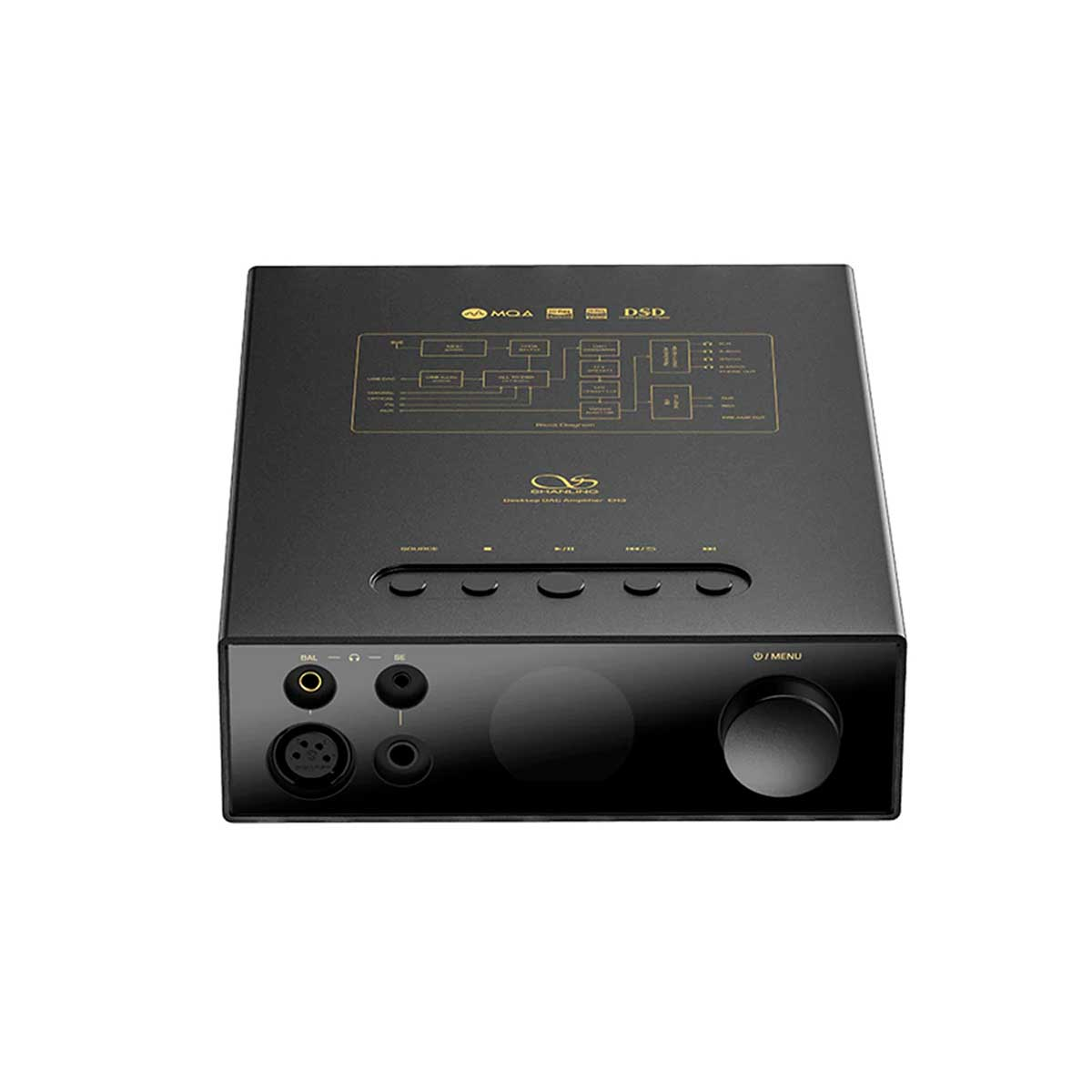 Amplificador DAC de audio negro con puertos y mando giratorio al frente.