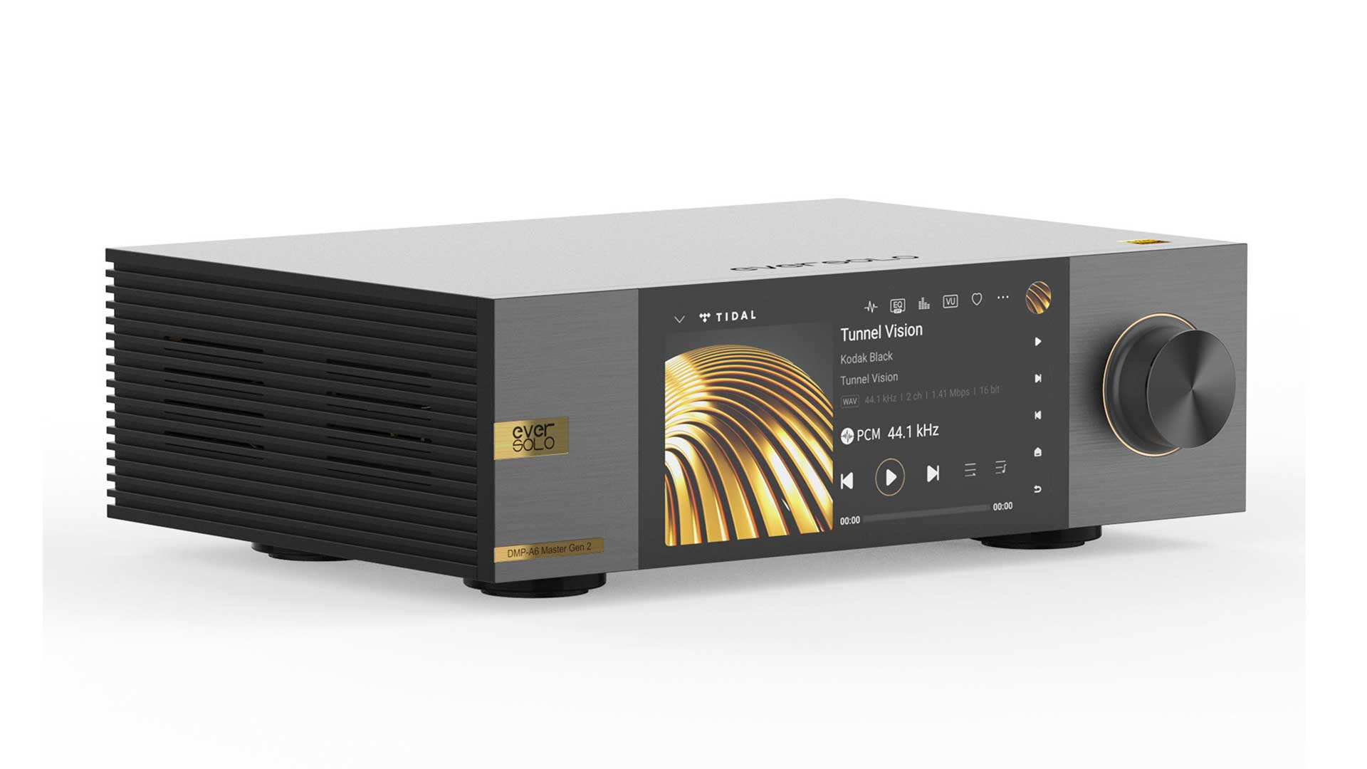Reproductor de audio plateado con rejilla ventilada negra y pantalla táctil.