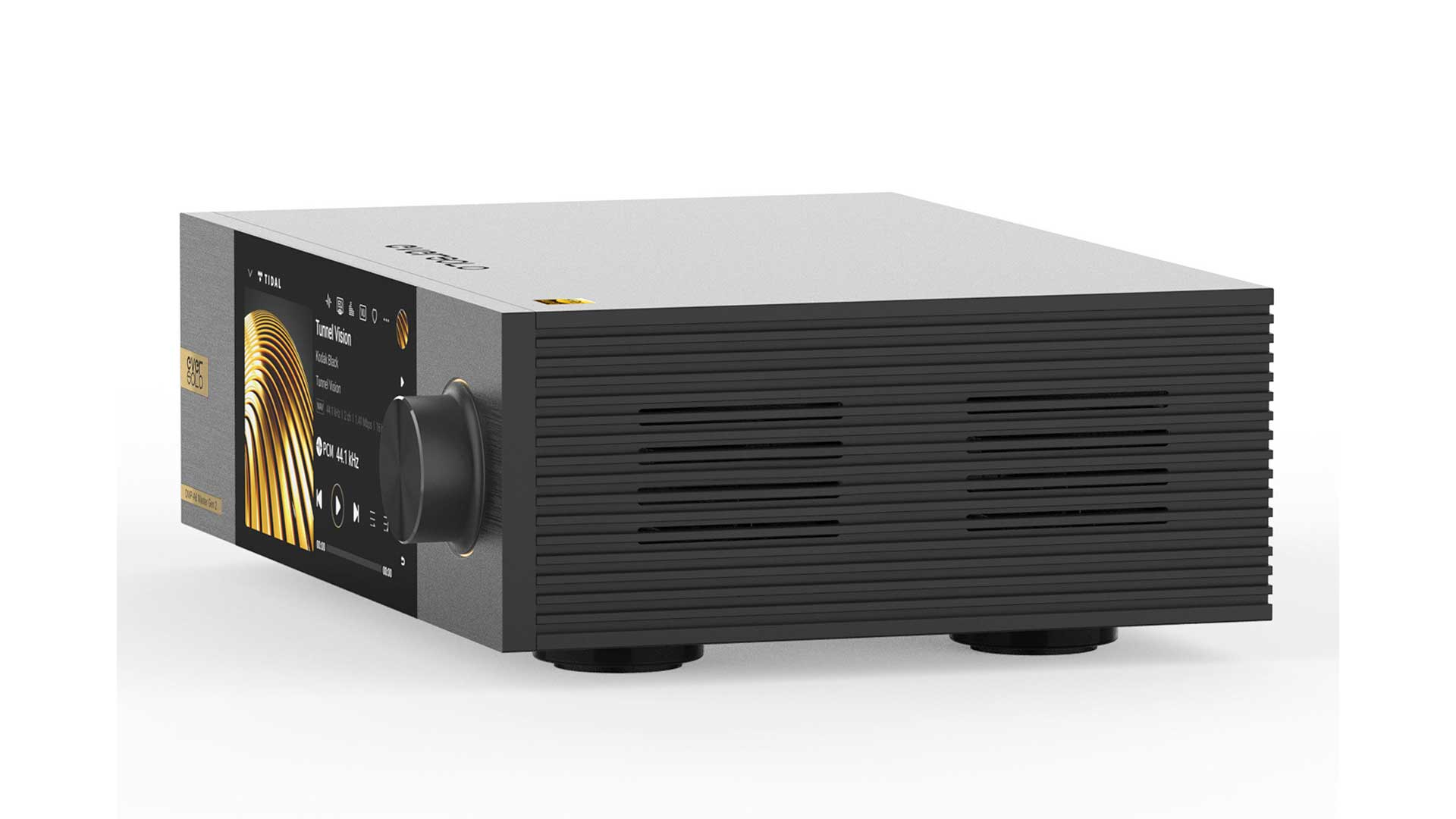 Un dispositivo de audio plateado y negro con una pantalla que muestra la carátula.