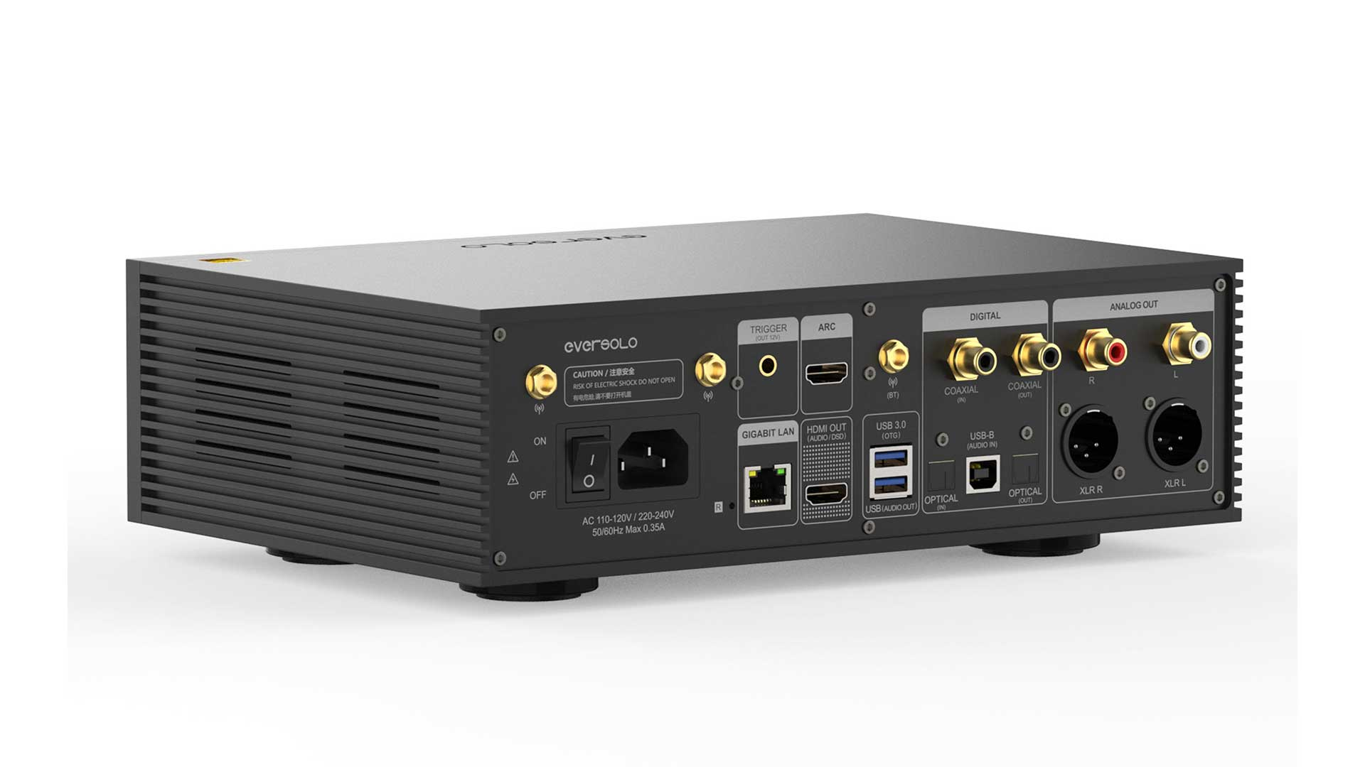 Vista trasera de un dispositivo de audio negro mostrando alimentación, disparador, ARC, LAN, HDMI, USB y salidas analógicas.