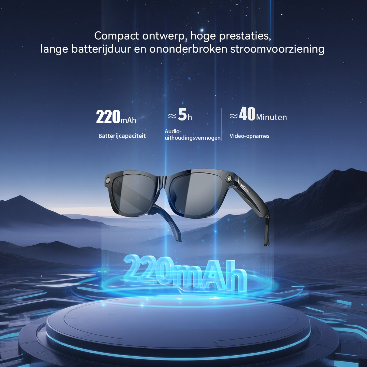 Black sunglasses with 220mAh battery, 5h audio, 40 min video.