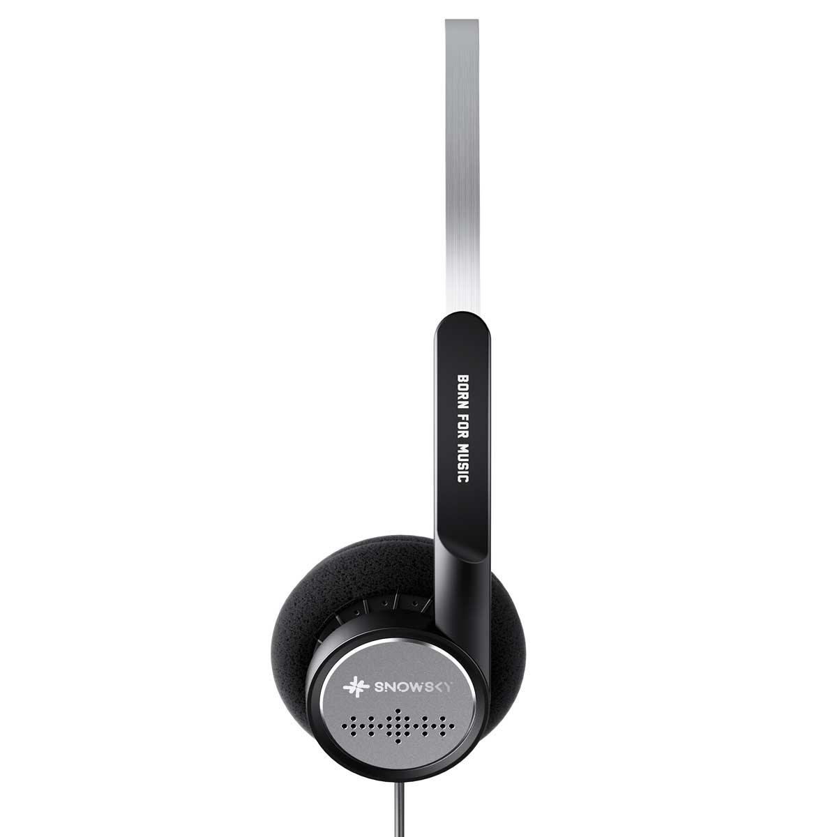 Cuffie nere con fascia argentata e scritta "BORN FOR MUSIC".