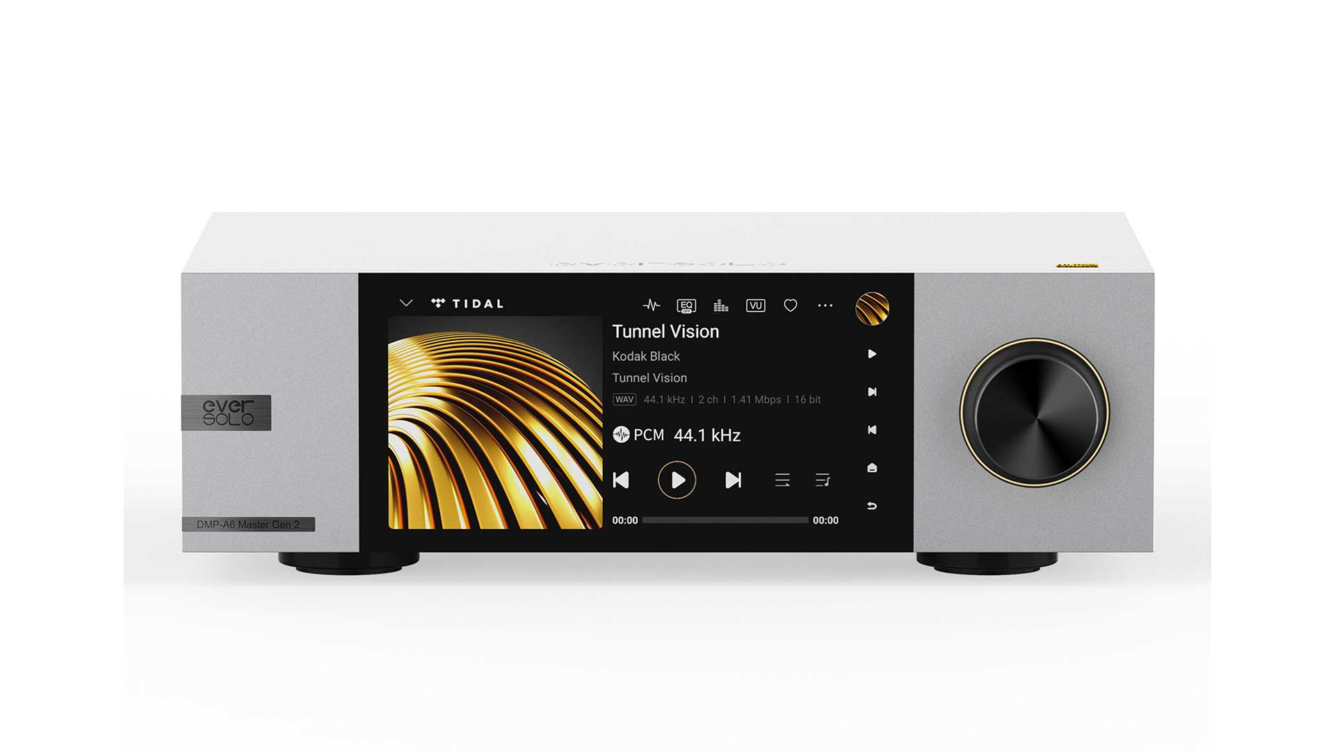 Un reproductor de audio plateado con pantalla táctil muestra carátula y controles.