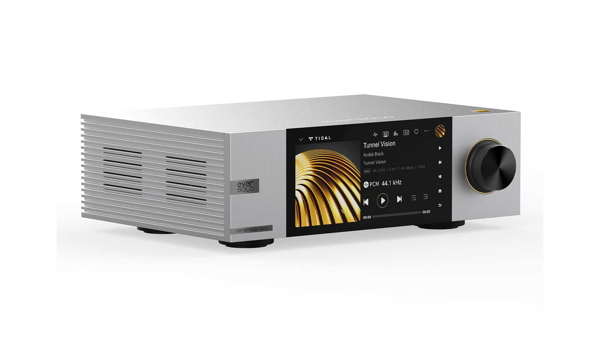 Reproductor de audio plateado con pantalla táctil que muestra información musical.