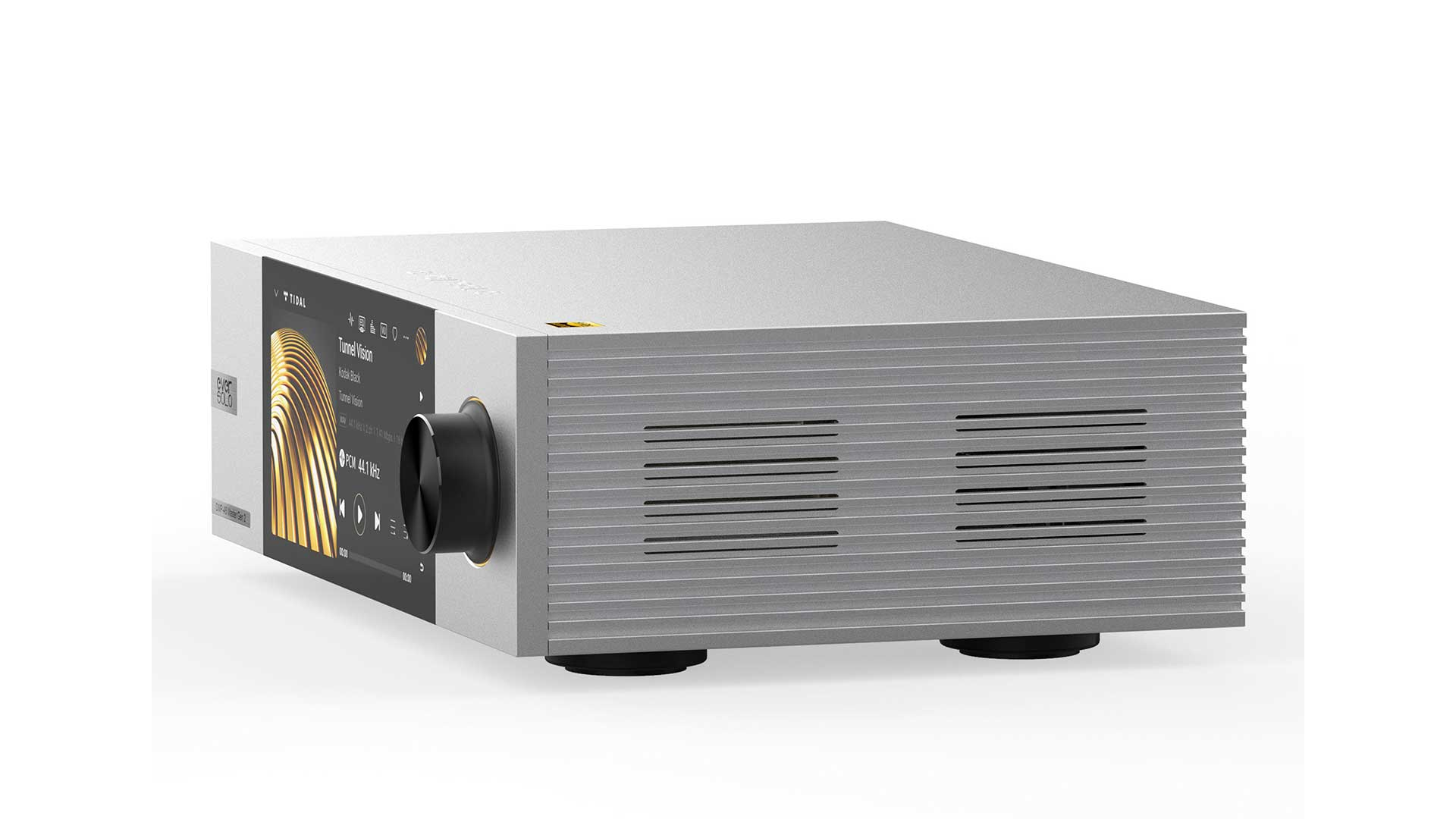 Dispositivo de audio plateado con pantalla y botón.