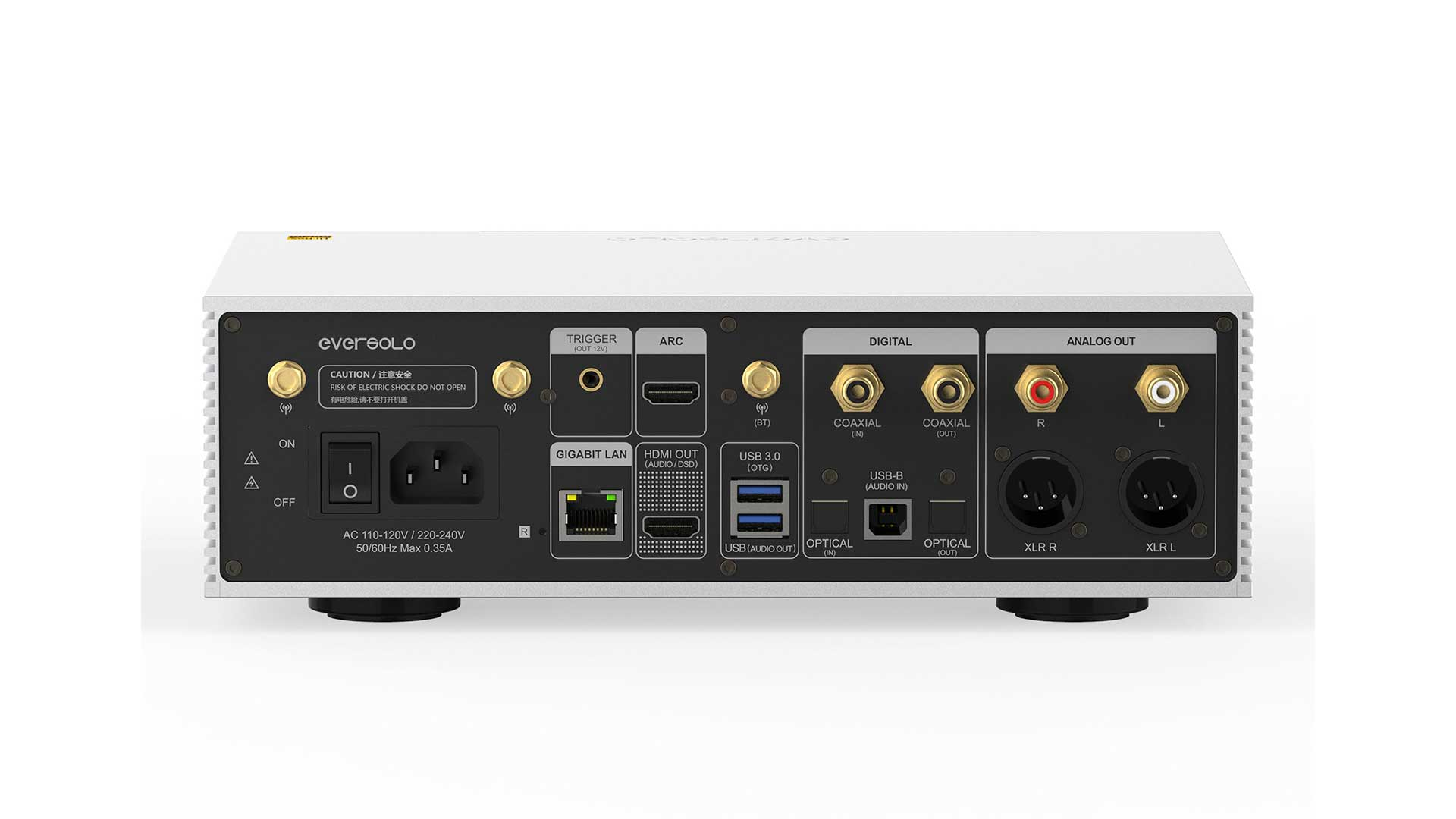 Vista trasera de un dispositivo blanco con puertos como Trigger, ARC, Digital, Salida Analógica, LAN, USB.