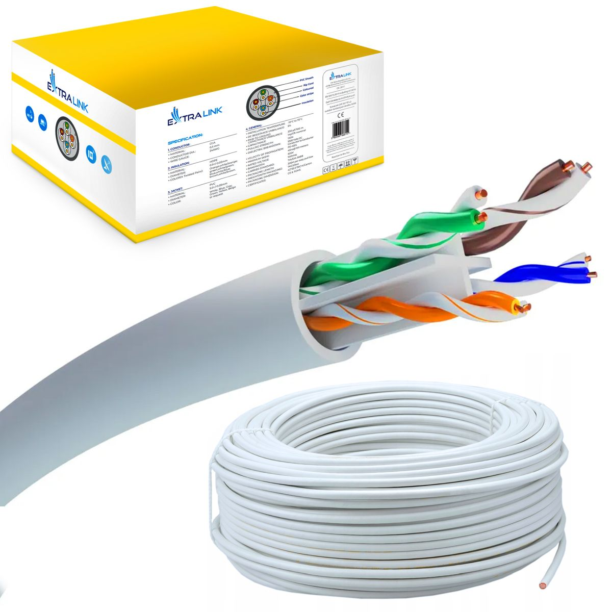 Un cavo Ethernet bianco con fili colorati e una scatola gialla con specifiche.