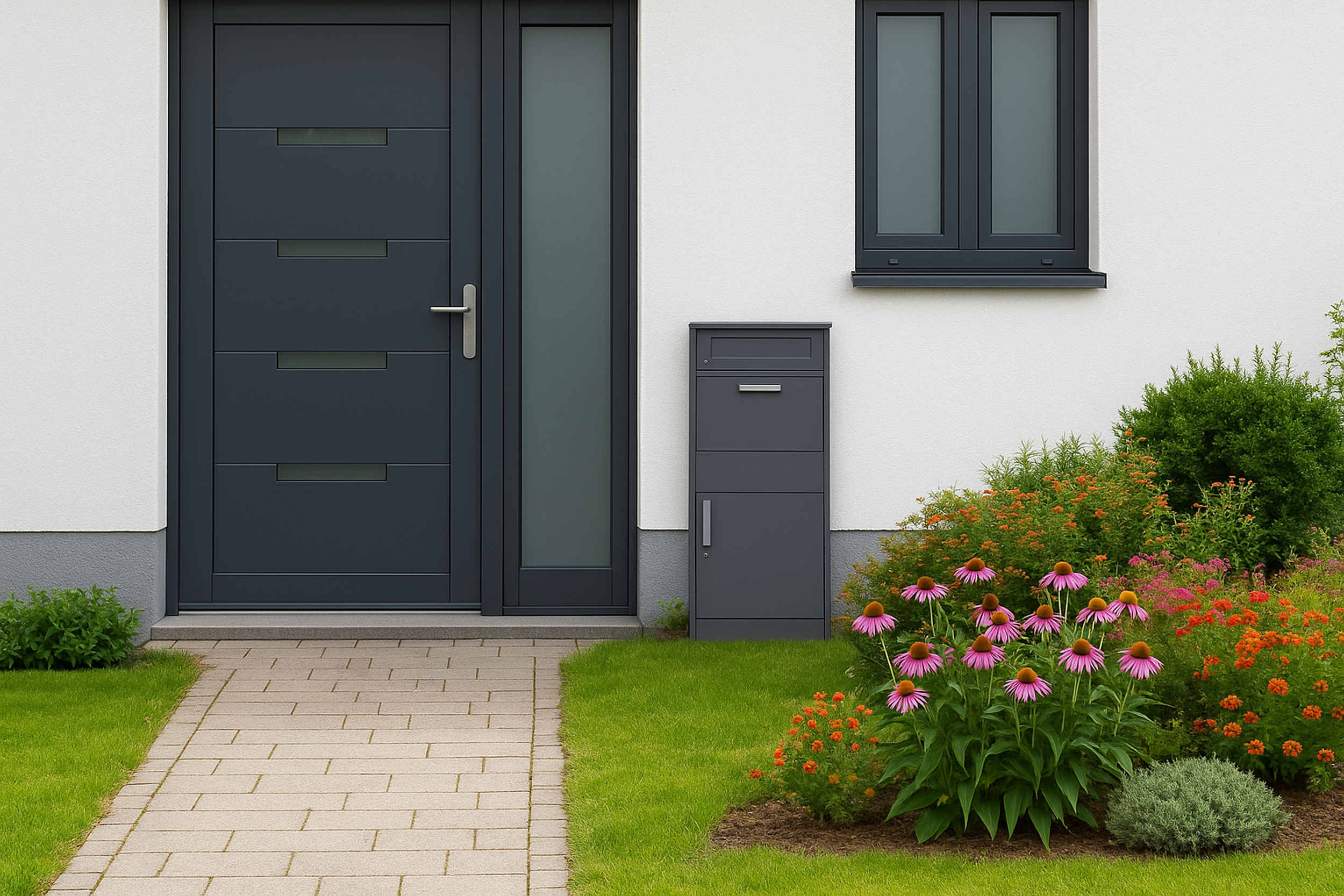 Graue Haustür mit Fenster, Briefkasten, Blumen und gepflastertem Weg.