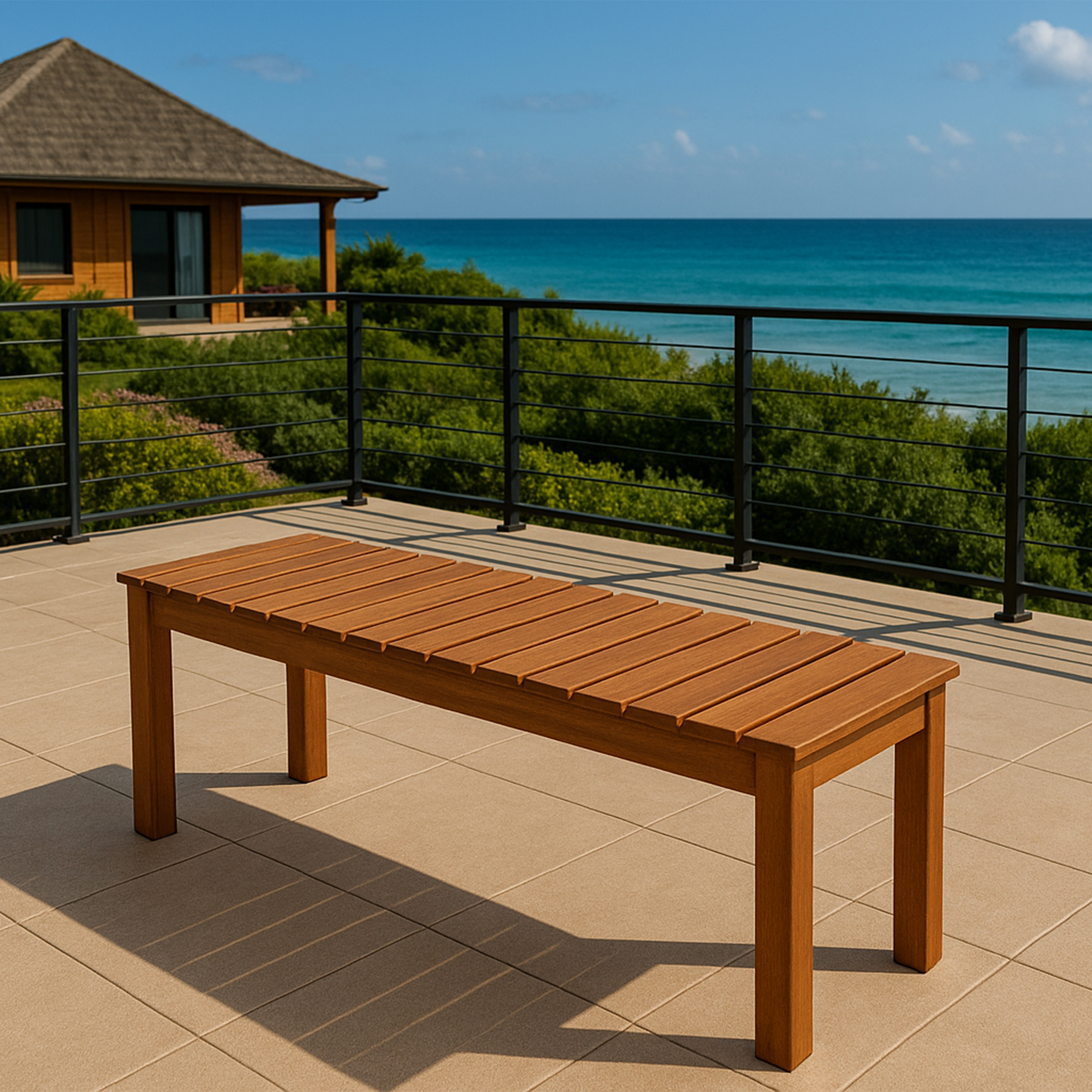 Eine Holzbank auf einer Terrasse mit Blick auf das Meer und ein Haus.