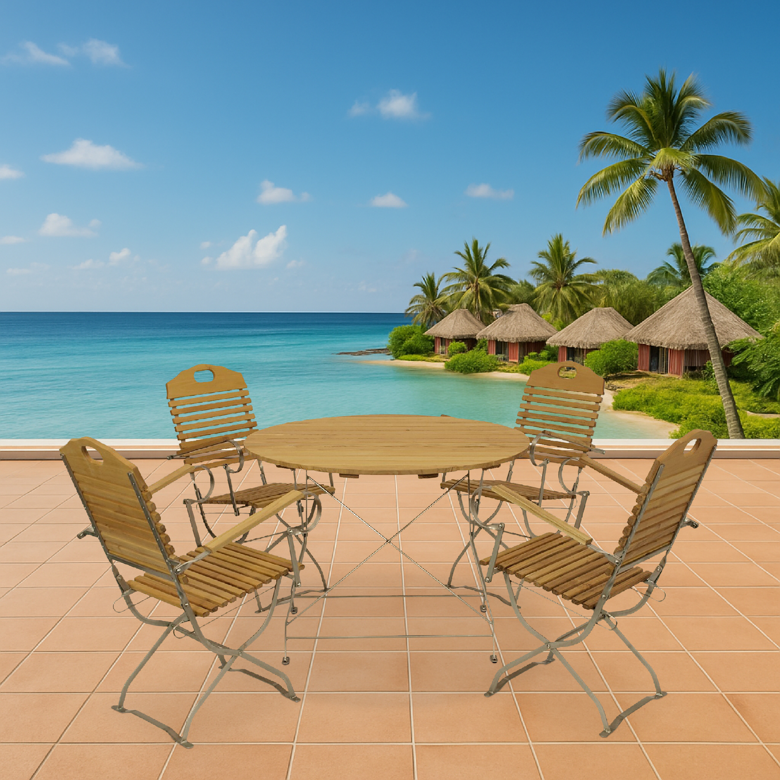 Holztisch und Stühle auf einer Terrasse mit Blick auf das Meer und tropische Hütten.