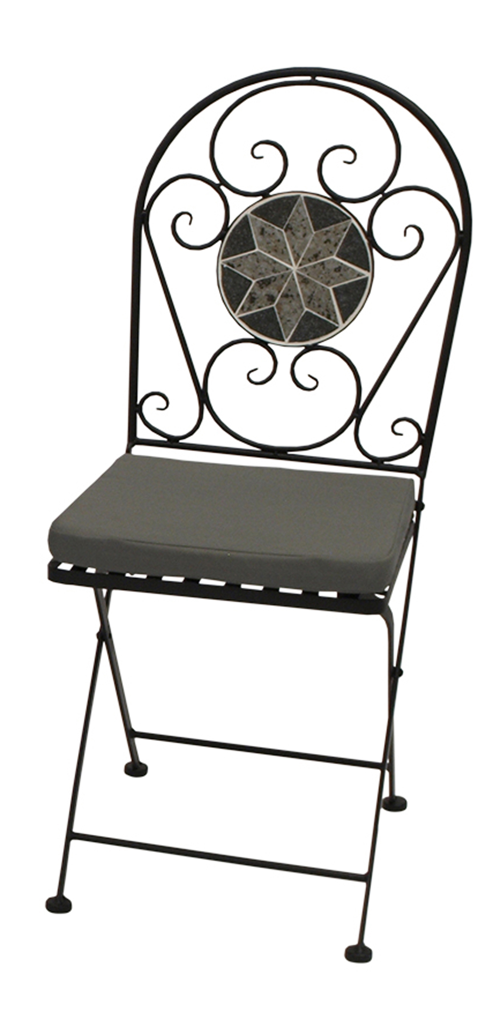 Schwarzer Metallstuhl mit grauem Sitzkissen und Sternfliesenmuster im Rücken.