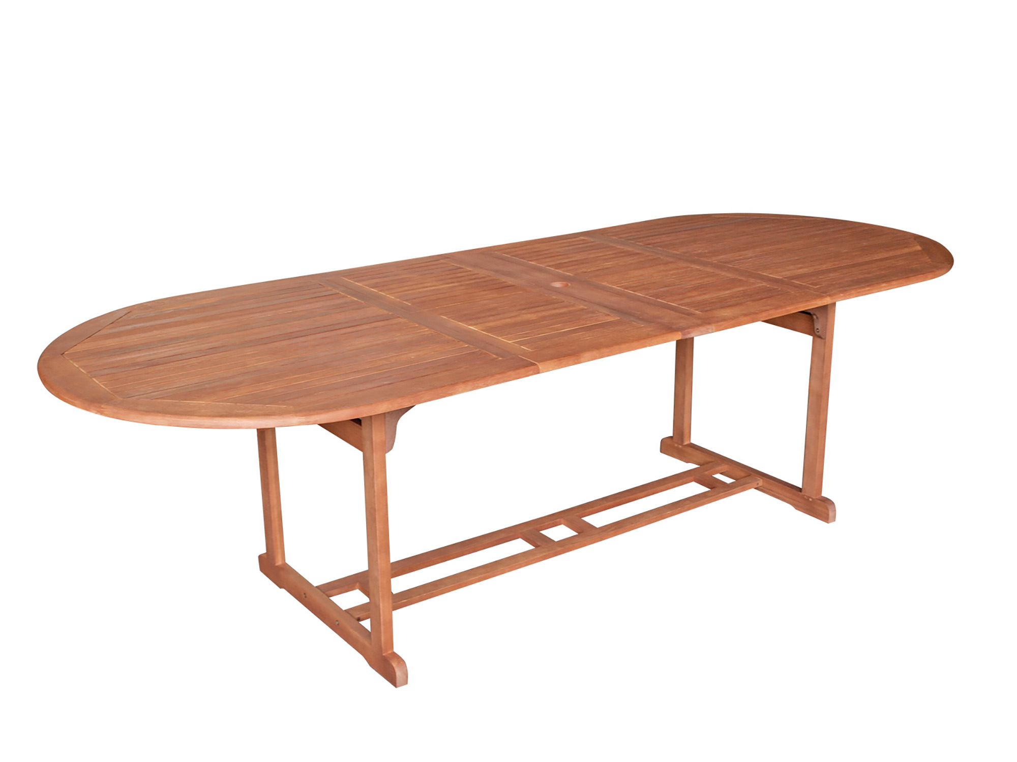 Ein ovaler Holztisch mit Lamellenoberfläche und Mittelsteg.
