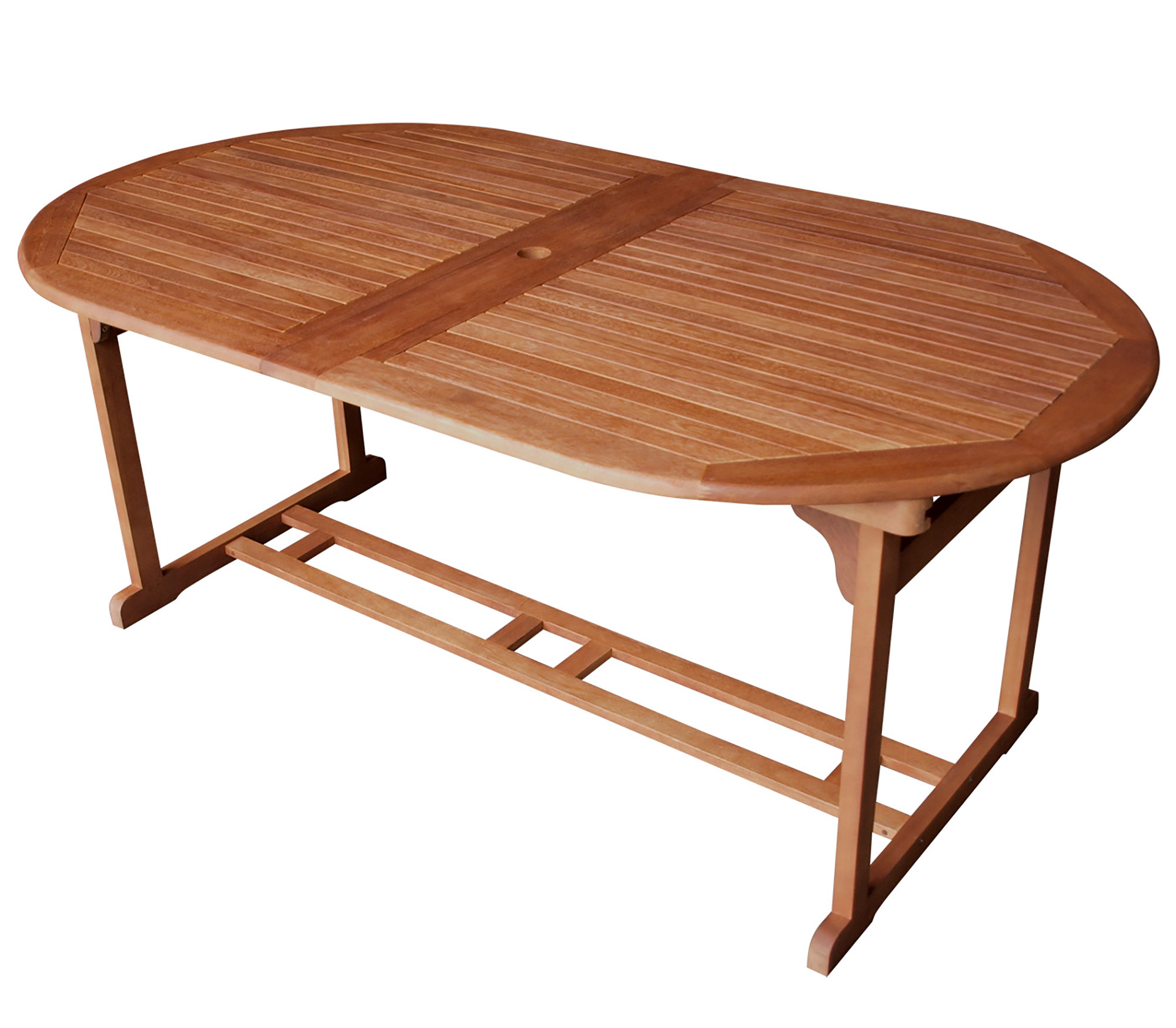 Ein ovaler Holztisch mit Lamellen und einem Sonnenschirmloch.