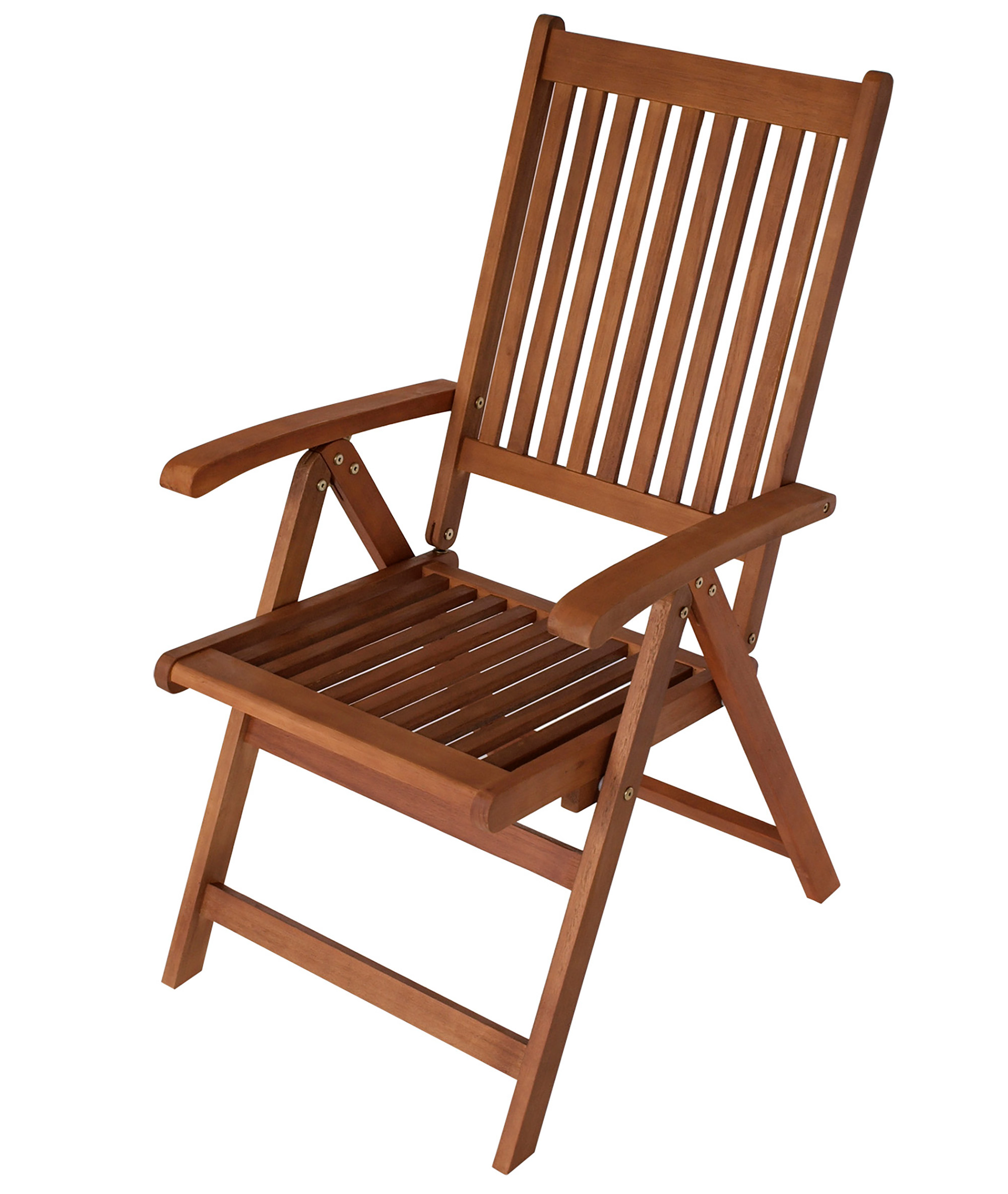 Ein brauner Holzstuhl mit Lattenrücken und Sitzfläche, auf weißem Hintergrund.