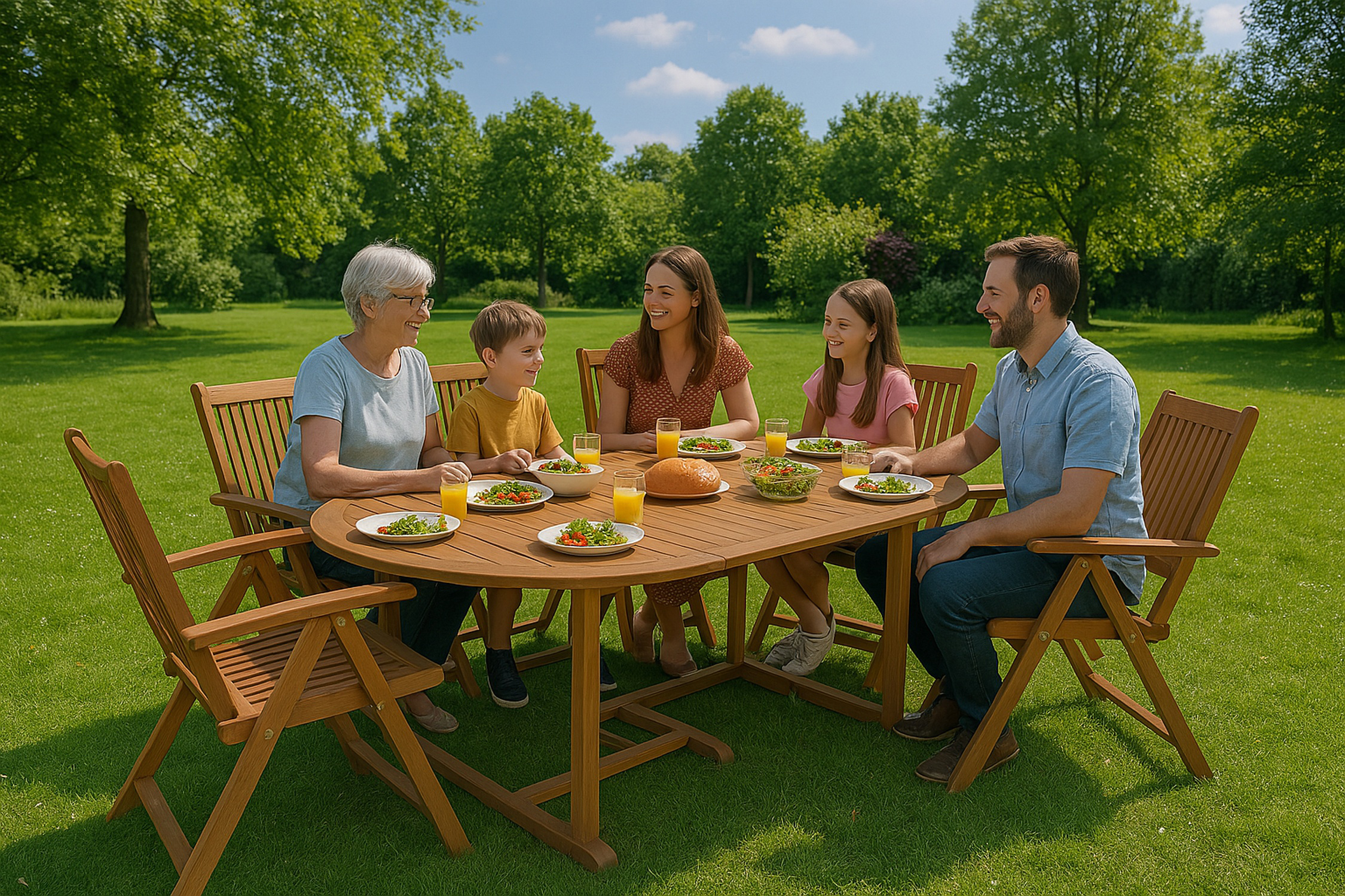 Eine Familie genießt ein Picknick im Garten mit Essen und Getränken auf einem Holztisch.