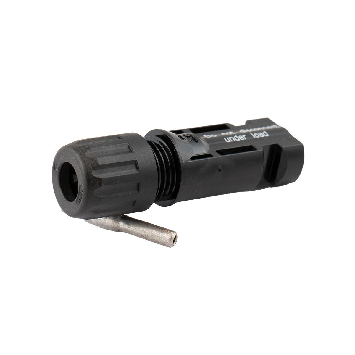 Schwarzer Stecker mit Metallstift und Warnhinweis.