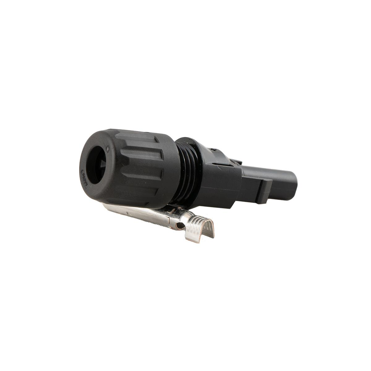 Schwarzer Solarstecker mit Metallkontakt auf weißem Hintergrund.