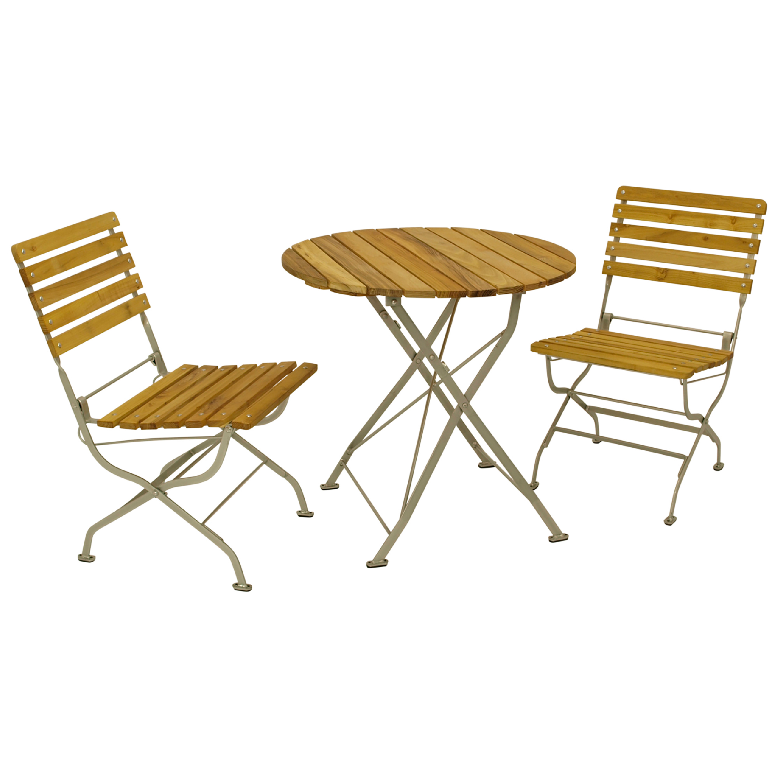 Ein ovaler Holztisch und zwei Holzstühle mit Metallgestell.